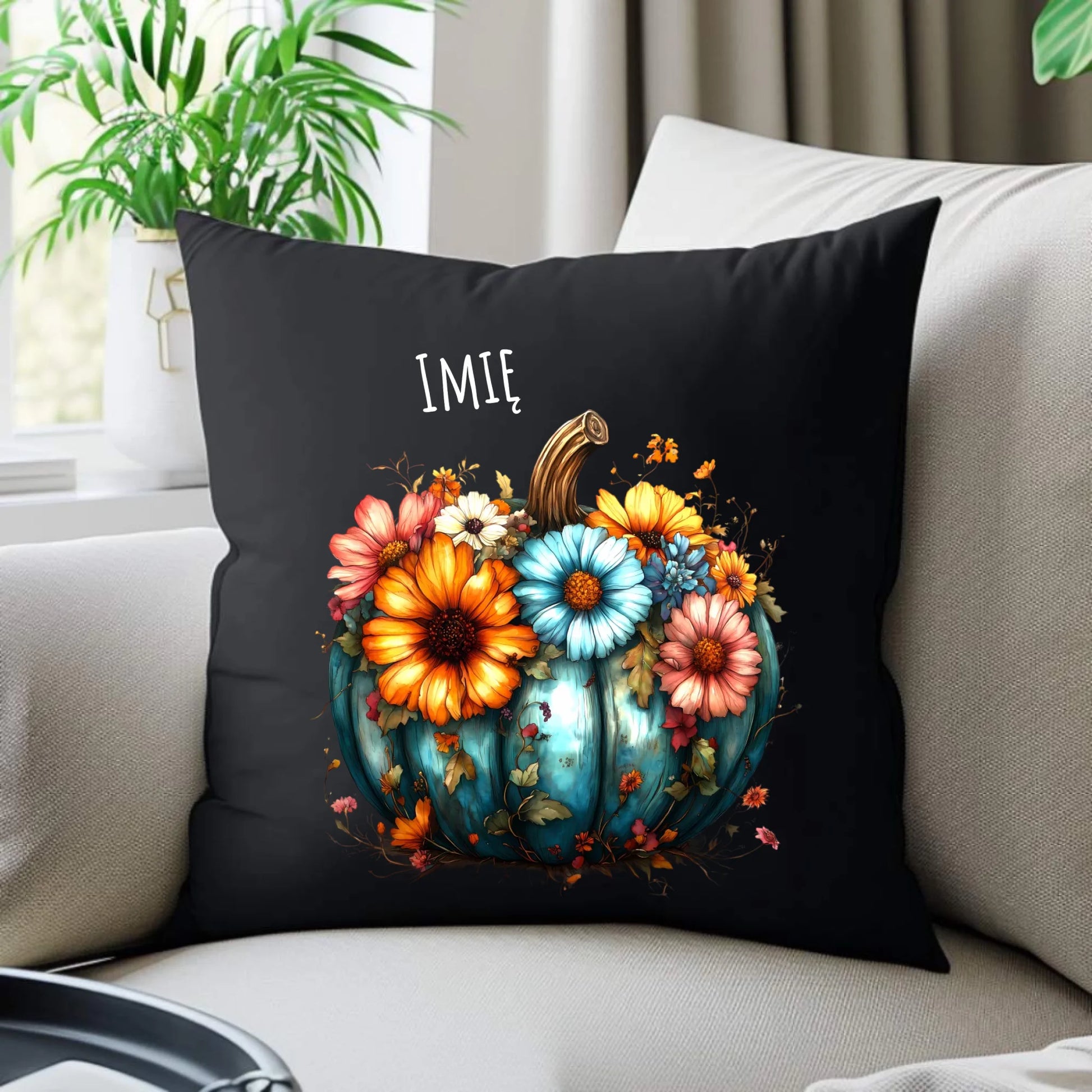 Poduszka dekoracyjna jesienna - Kwiatowa dynia - personalizowana JS27 - StoryCups.pl