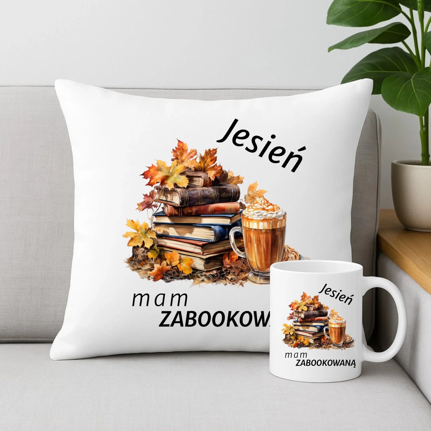 Zestaw poduszka i kubek jesienny - Jesień mam zabookowaną JS28 - StoryCups.pl