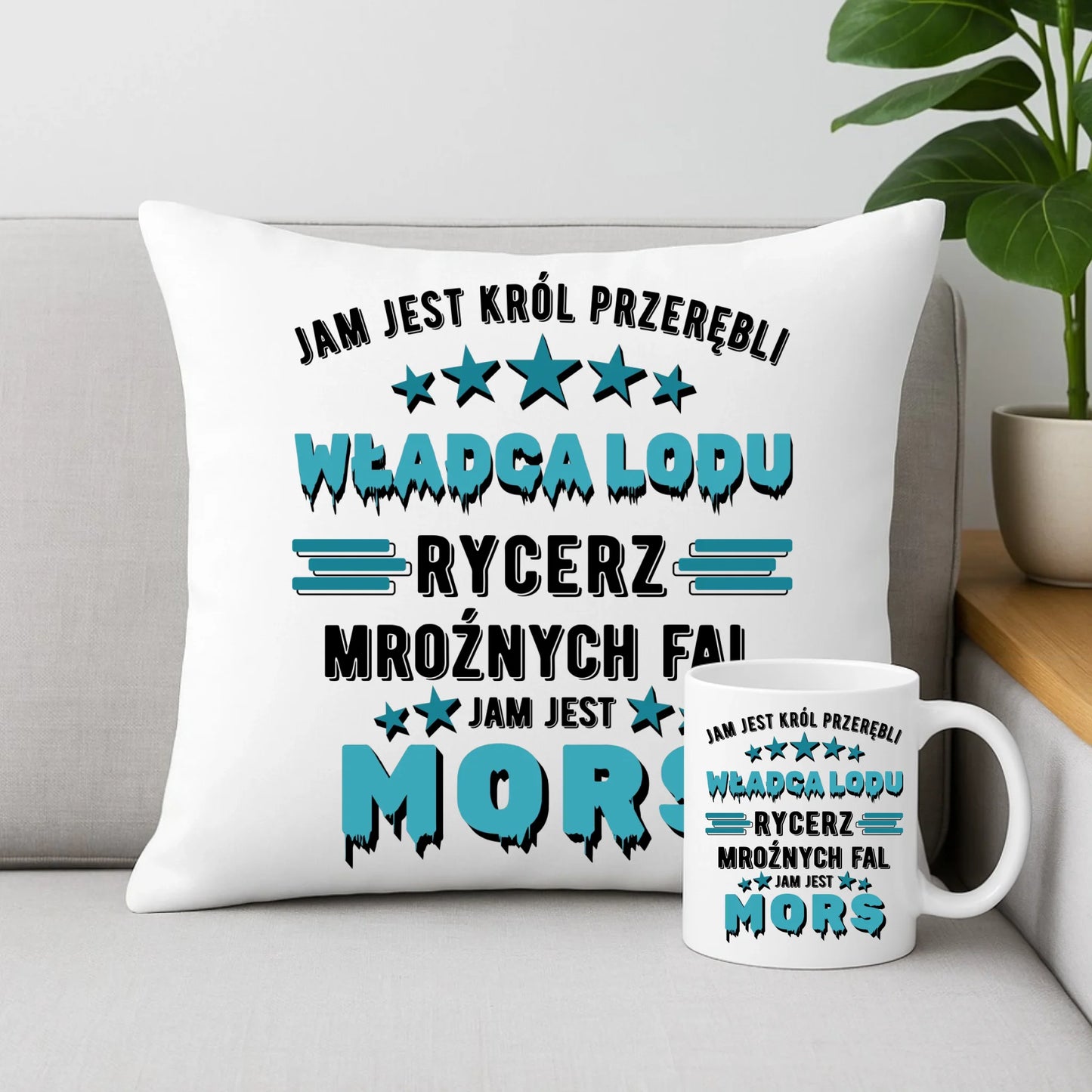 Zestaw poduszka i kubek - prezent dla morsa - Jam jest Król przerębli Jam jest mors HM13 - StoryCups.pl