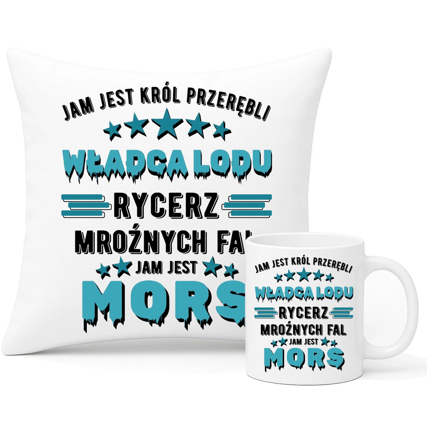 Zestaw poduszka i kubek - prezent dla morsa - Jam jest Król przerębli Jam jest mors HM13 - StoryCups.pl