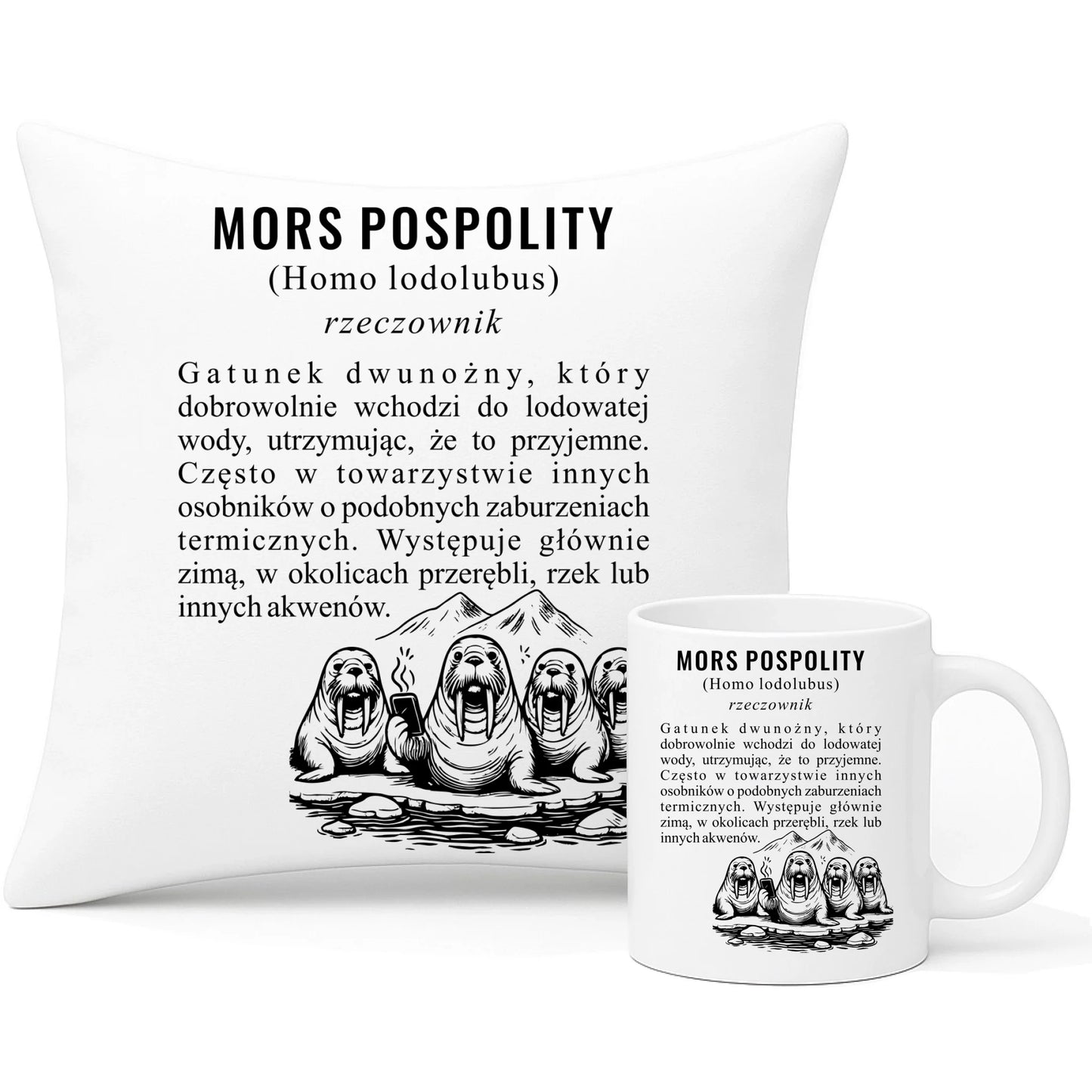 Zestaw poduszka i kubek - prezent dla morsa - Mors pospolity [Homo lodolubus] HM12 - StoryCups.pl