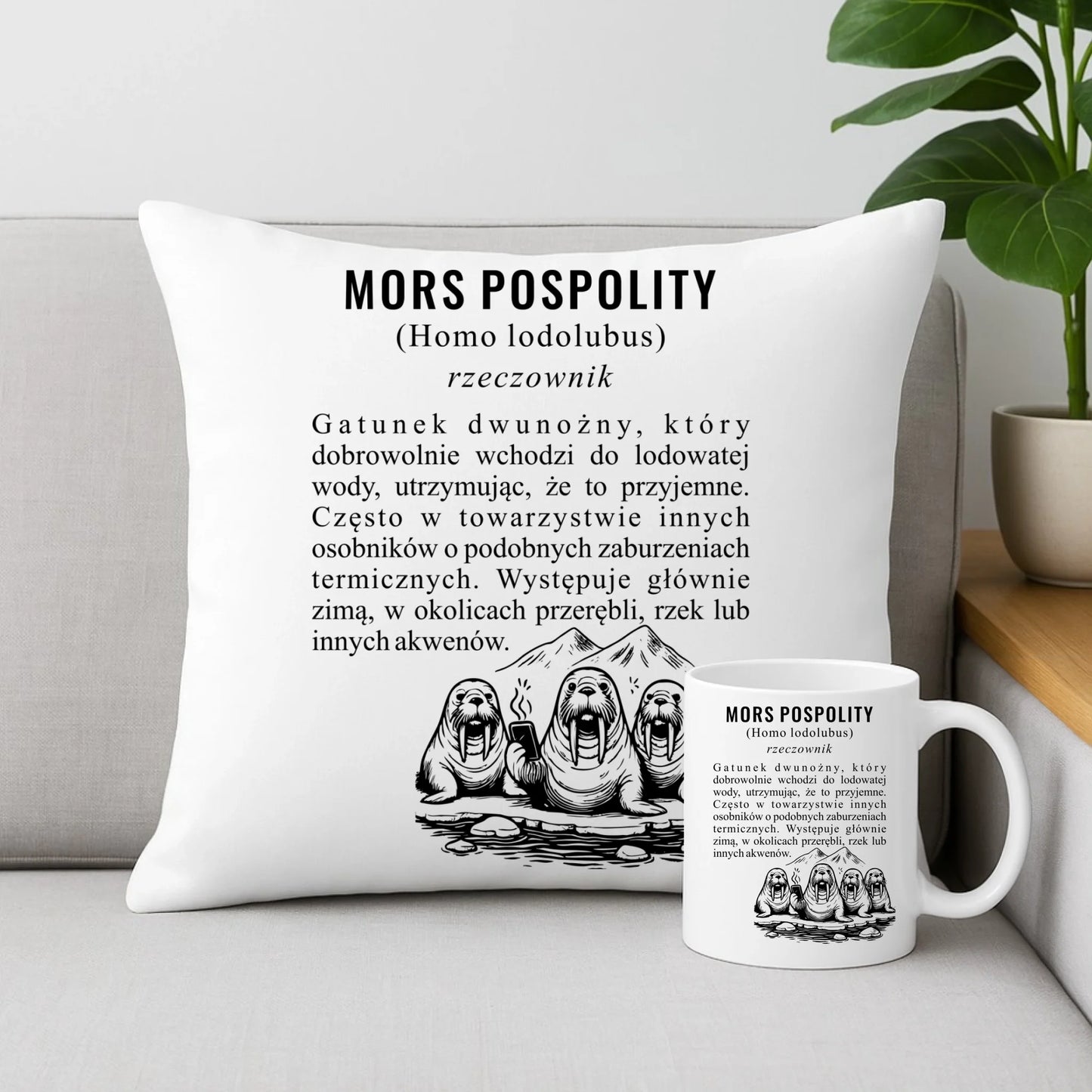 Zestaw poduszka i kubek - prezent dla morsa - Mors pospolity [Homo lodolubus] HM12 - StoryCups.pl
