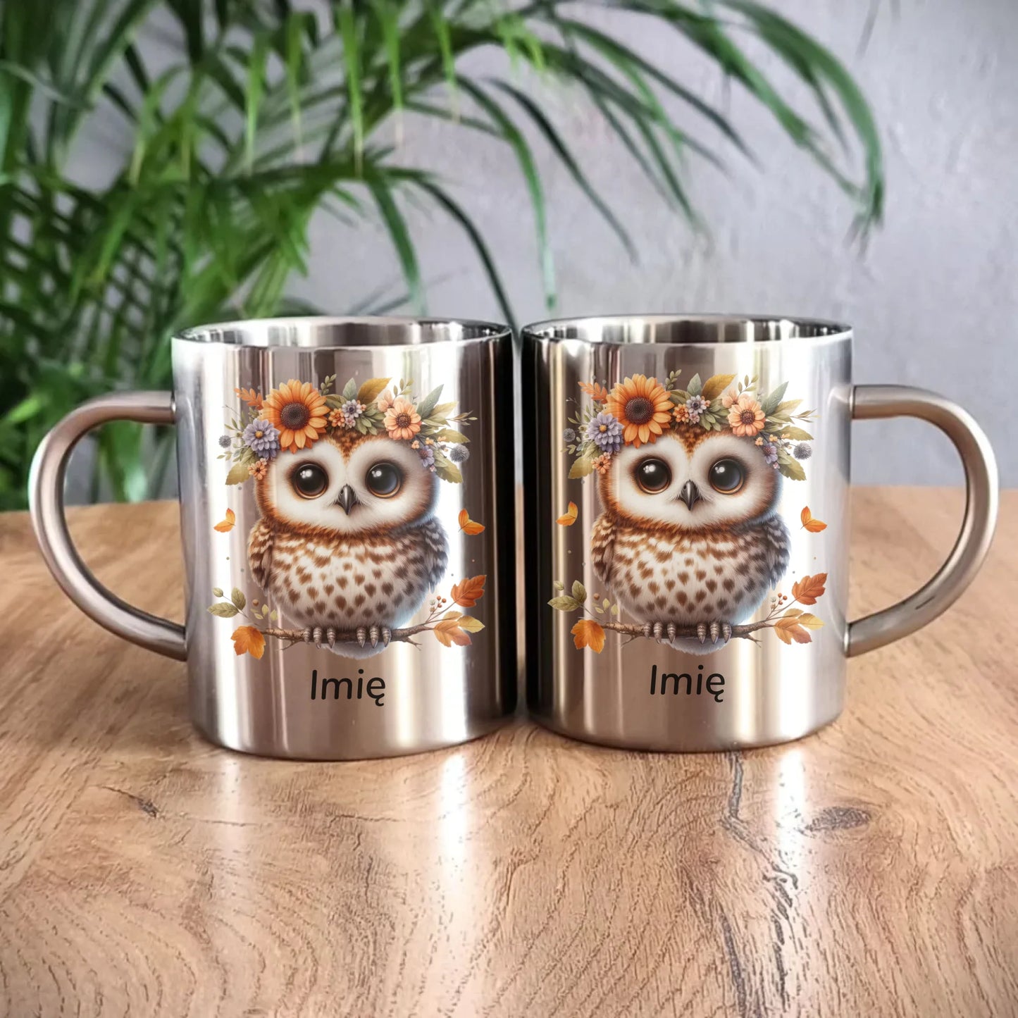 Kubek metalowy jesienny - Sowa w kwiatach JS32 - StoryCups.pl