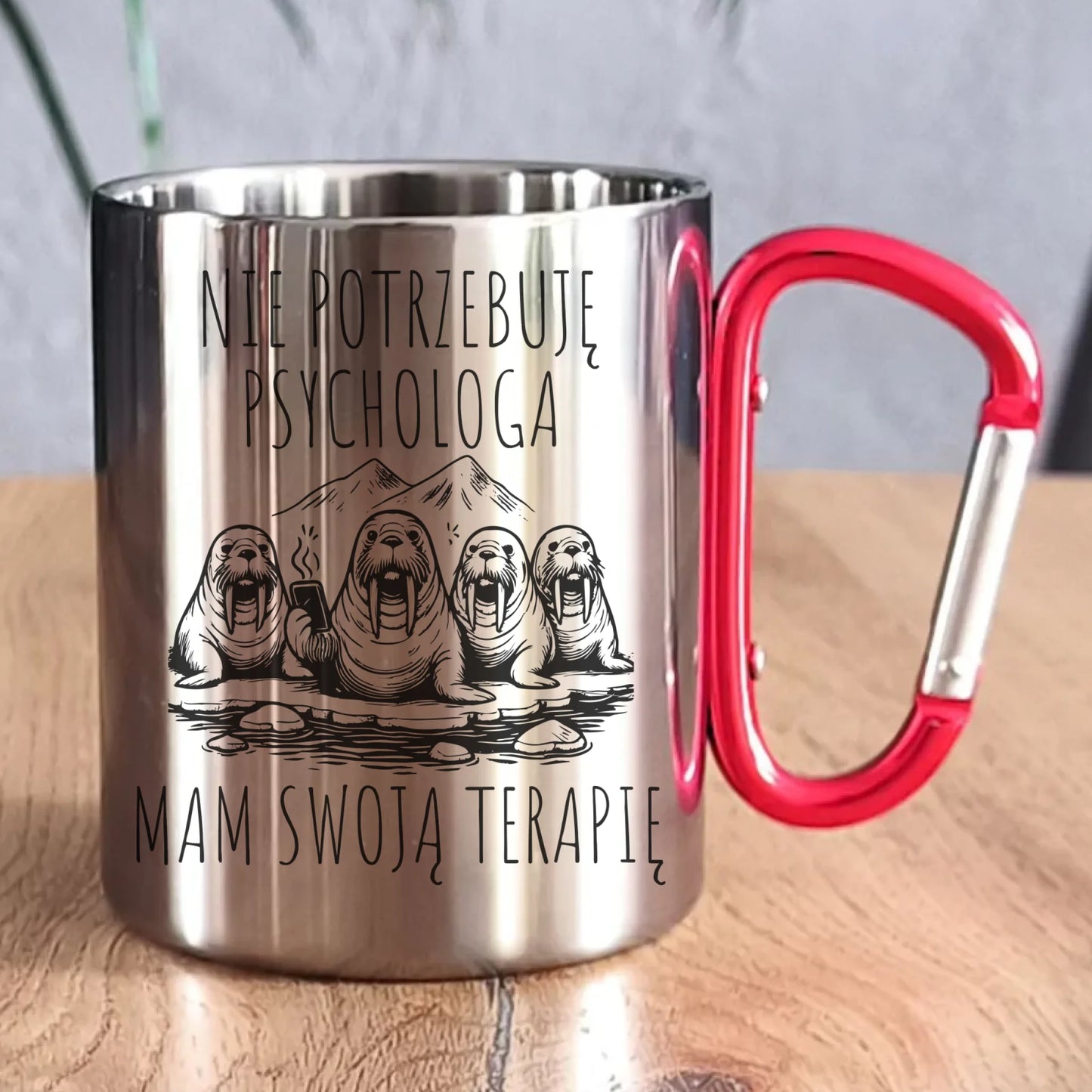 Kubek metalowy - prezent dla morsa - Nie potrzebuję psychologa HM14 - StoryCups.pl