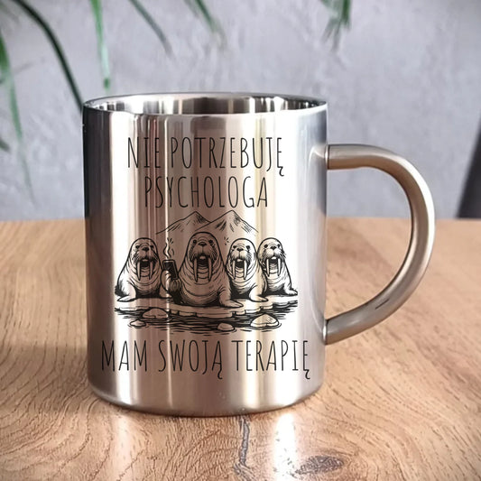 Kubek metalowy - prezent dla morsa - Nie potrzebuję psychologa HM14 - StoryCups.pl