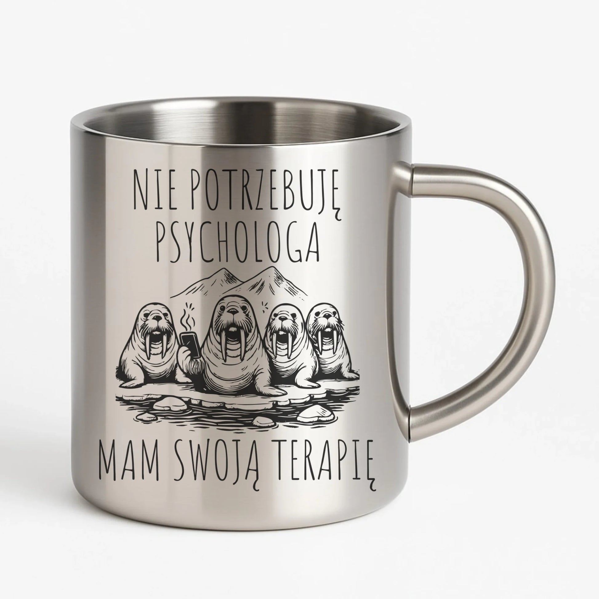 Kubek metalowy - prezent dla morsa - Nie potrzebuję psychologa HM14 - StoryCups.pl