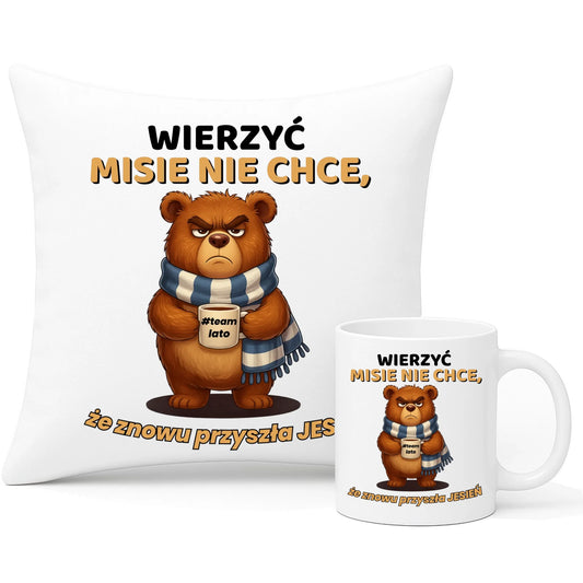 Zestaw poduszka i kubek jesienny - Wierzyć MISIE nie chce, że znowu przyszła jesień - Team lato JS35