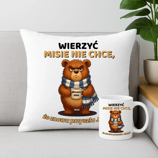 Zestaw poduszka i kubek jesienny - Wierzyć MISIE nie chce, że znowu przyszła jesień - Team lato JS35 - StoryCups.pl