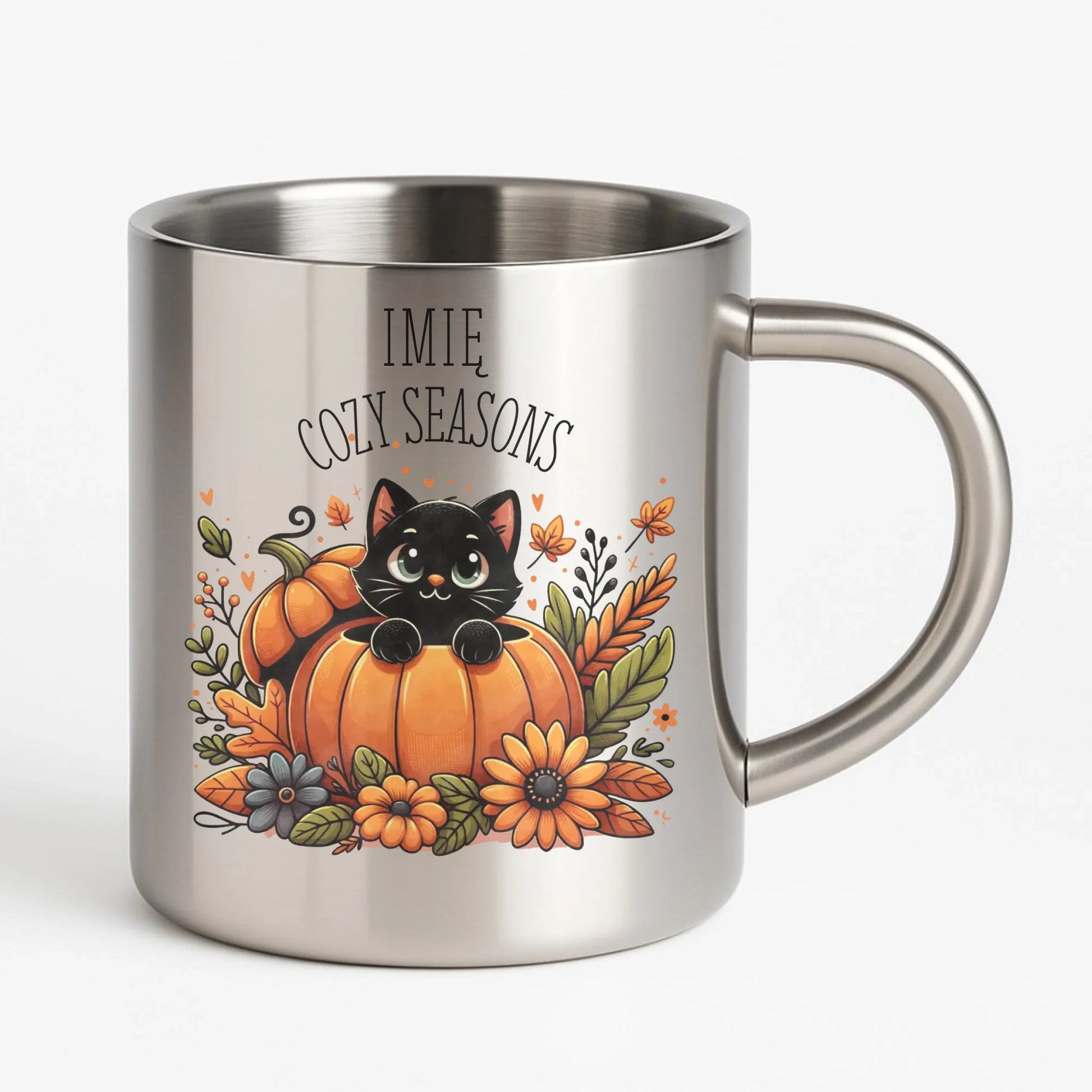Kubek metalowy jesieniara - Cozy Seasons - personalizowany JS01 - StoryCups.pl