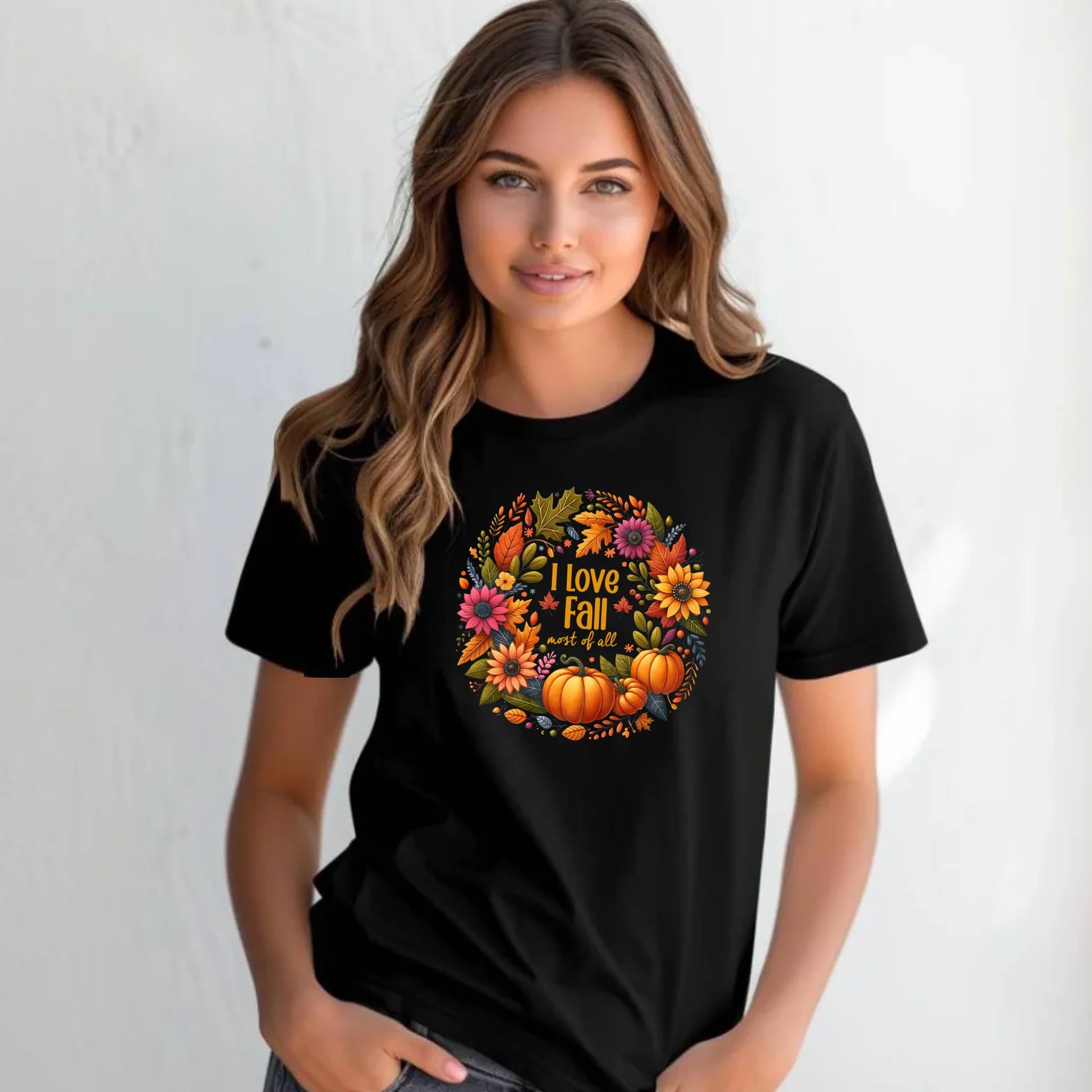 Koszulka damska jesieniara - Kocham jesień - dynia z liśćmi JS03 - StoryCups.pl