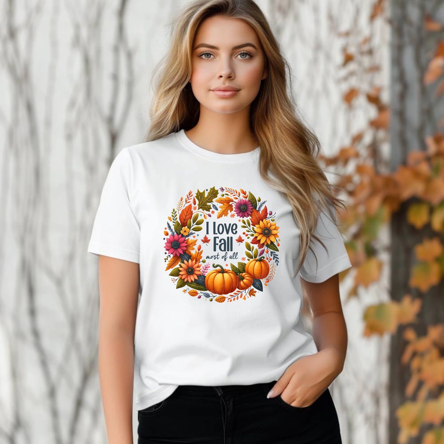 Koszulka damska jesieniara - Kocham jesień - dynia z liśćmi JS03 - StoryCups.pl