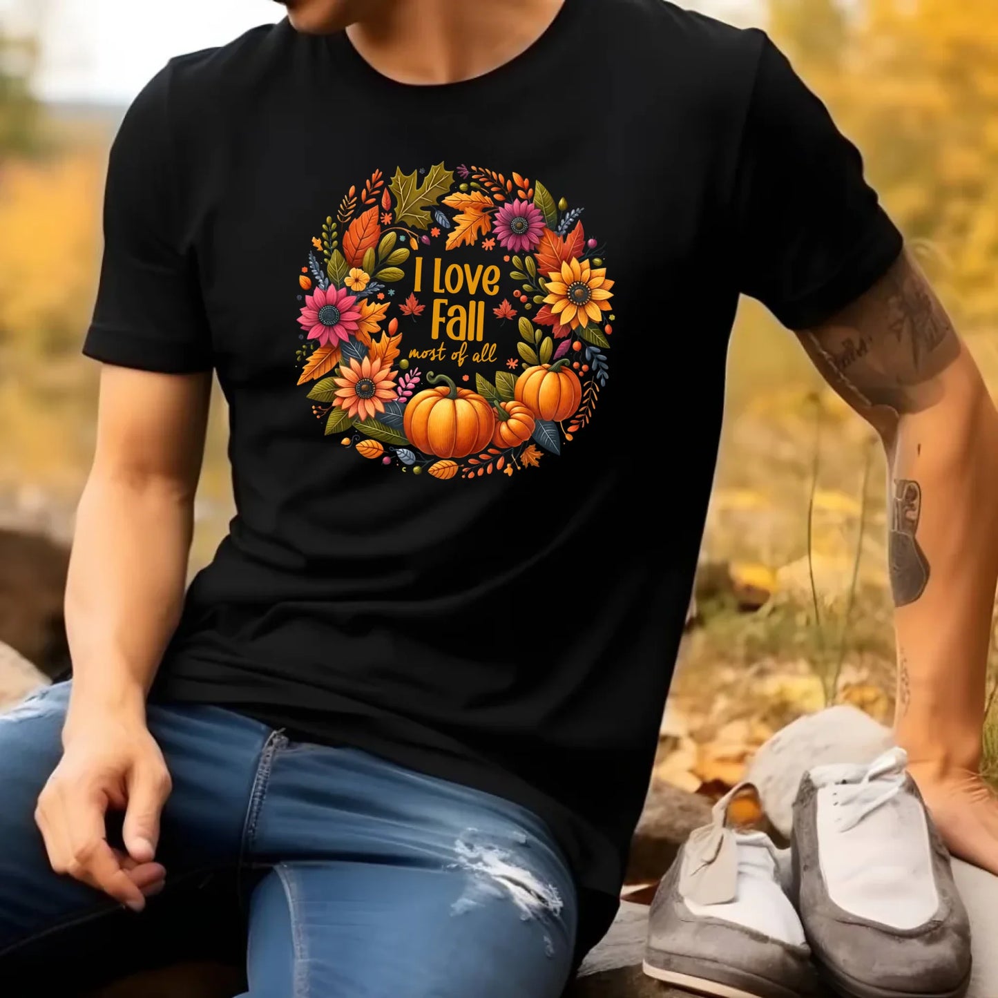 Koszulka męska jesienna - Kocham jesień - dynia z liśćmi JS03 - StoryCups.pl