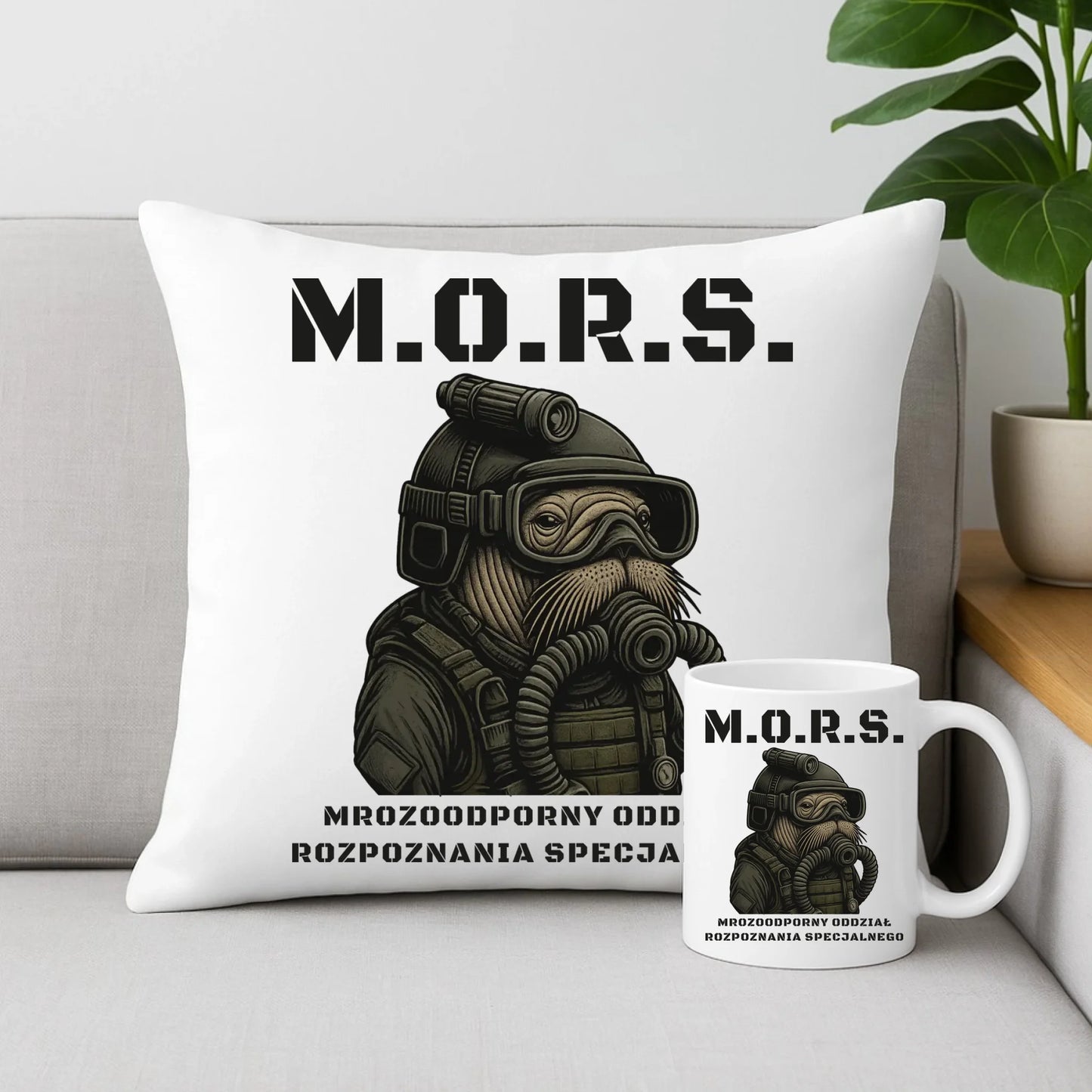 Zestaw poduszka i kubek - prezent dla morsa - M.O.R.S. Mrozoodporny Oddział Rozpoznania Specjalnego HM20 - StoryCups.pl