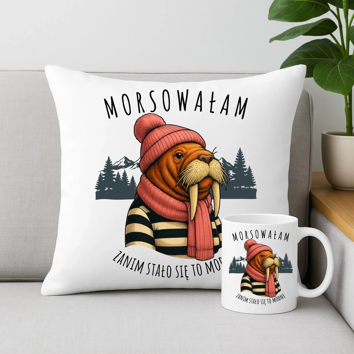Zestaw poduszka i kubek - prezent dla morsa - Morsowałam zanim stało się to modne - Mors HM21 - StoryCups.pl