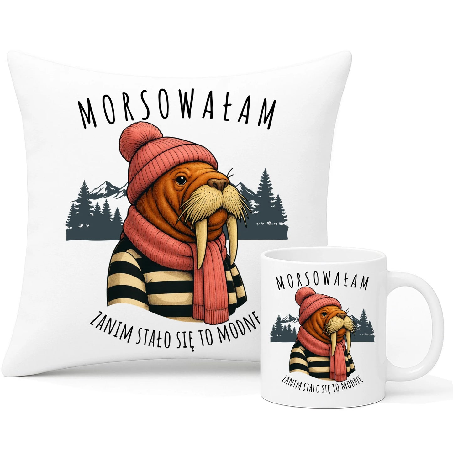 Zestaw poduszka i kubek - prezent dla morsa - Morsowałam zanim stało się to modne - Mors HM21 - StoryCups.pl