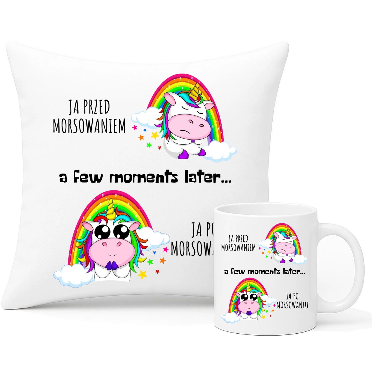 Zestaw poduszka i kubek - prezent dla morsa - Jednorożec - Ja po morsowaniu HM11 - StoryCups.pl