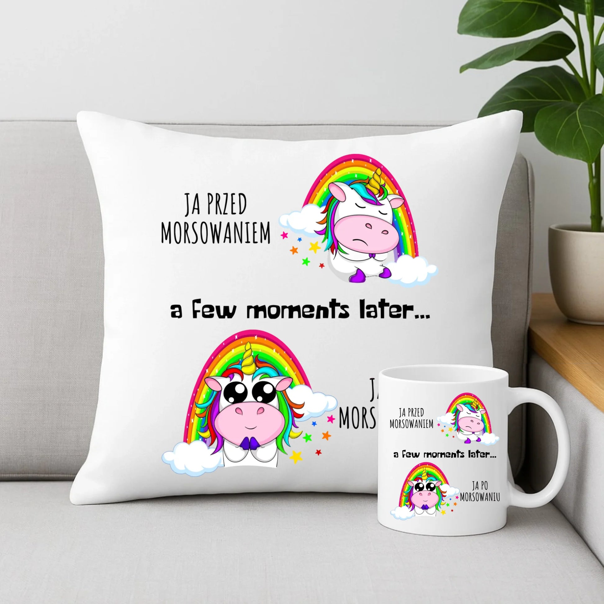 Zestaw poduszka i kubek - prezent dla morsa - Jednorożec - Ja po morsowaniu HM11 - StoryCups.pl
