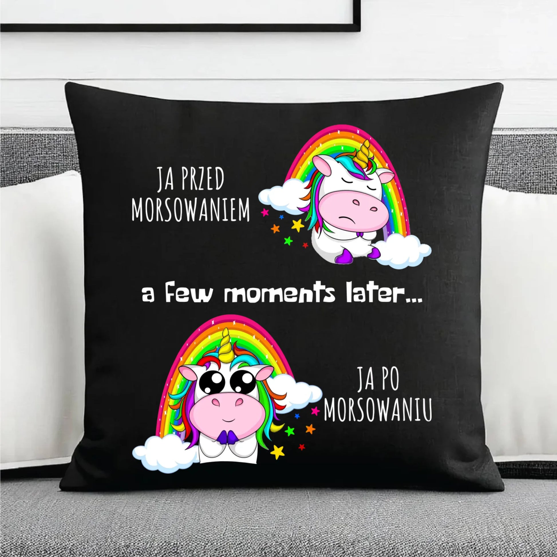 Poduszka dekoracyjna - prezent dla morsa - Jednorożec - Ja po morsowaniu HM11 - StoryCups.pl