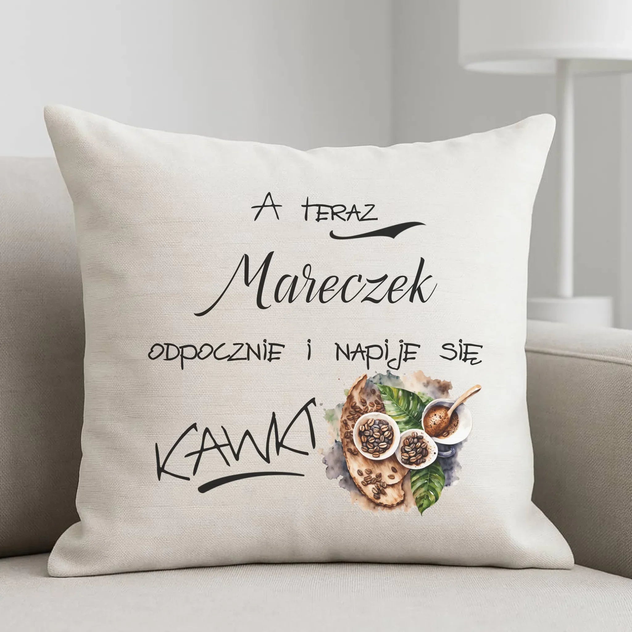 Poduszka - Odpocznie i napije się kawki prezent dla kawosza - personalizowana DCH04 - StoryCups.pl