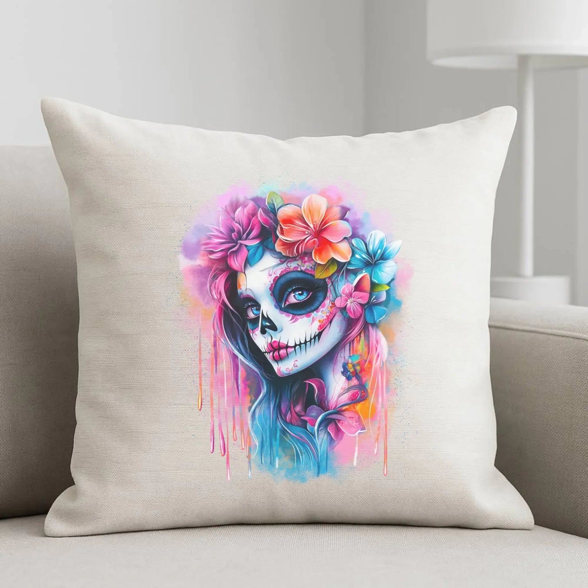 Poduszka Halloween - kolorowa czaszka z kwiatami La Muerte HL05 - StoryCups.pl