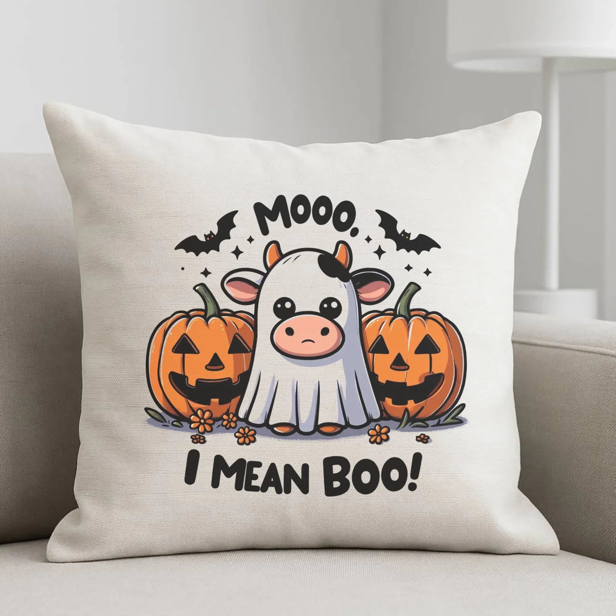 Poduszka na Halloween - Mooo I mean Boo! - z dynią i duchem HL14 - StoryCups.pl