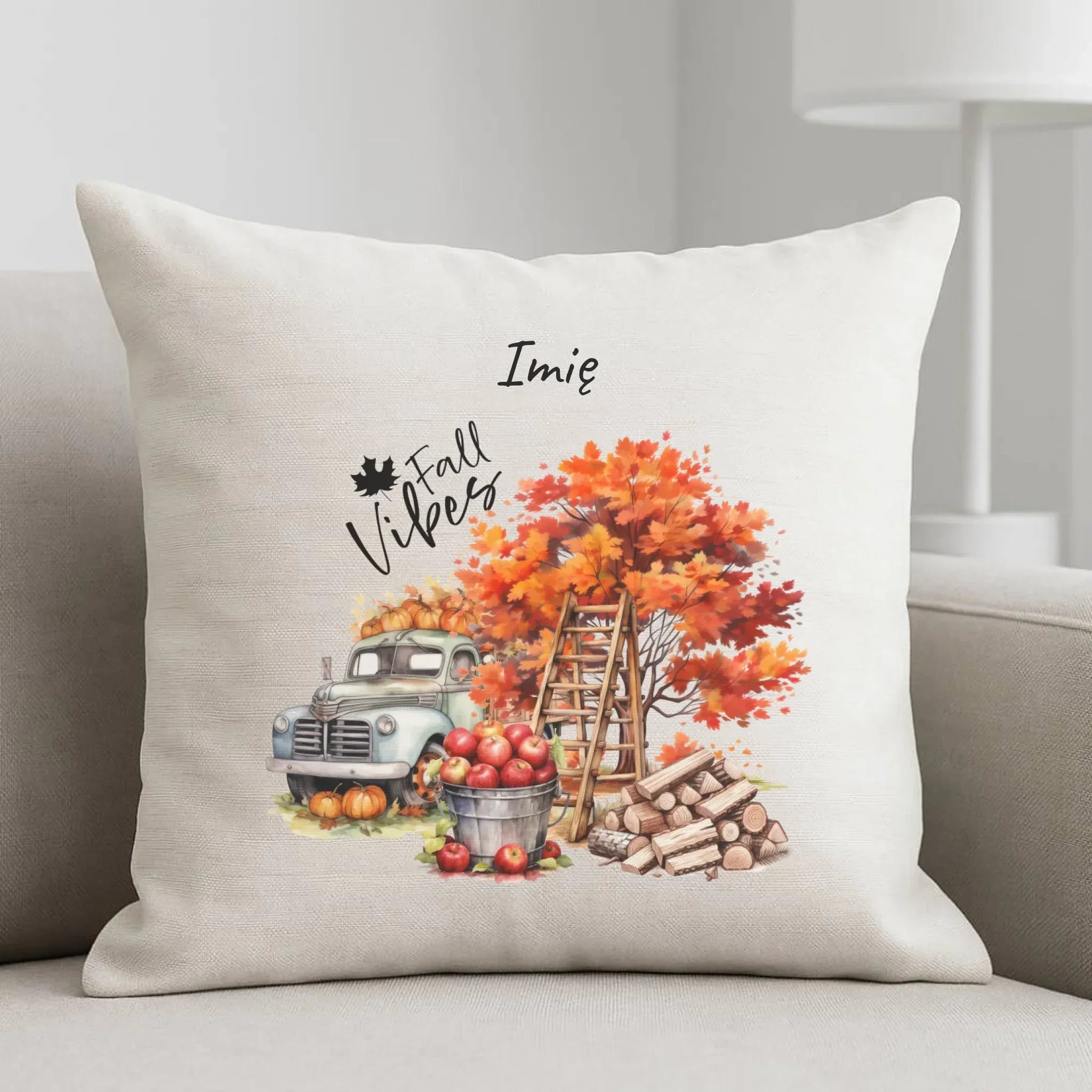 Poduszka jesienna – Vintage auto dynie i jabłka – personalizowana JS07 - StoryCups.pl