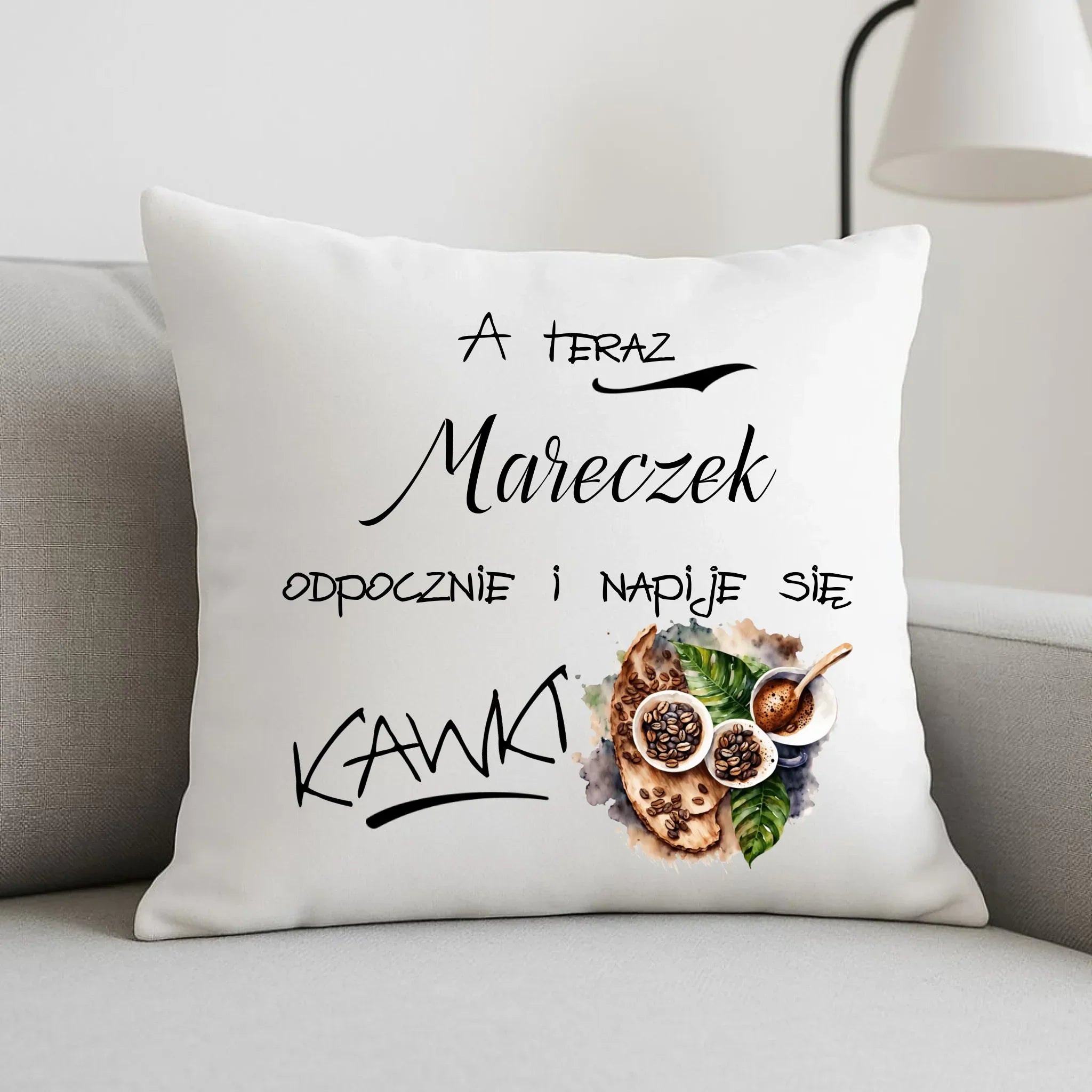 Poduszka - Odpocznie i napije się kawki prezent dla kawosza - personalizowana DCH04 - StoryCups.pl