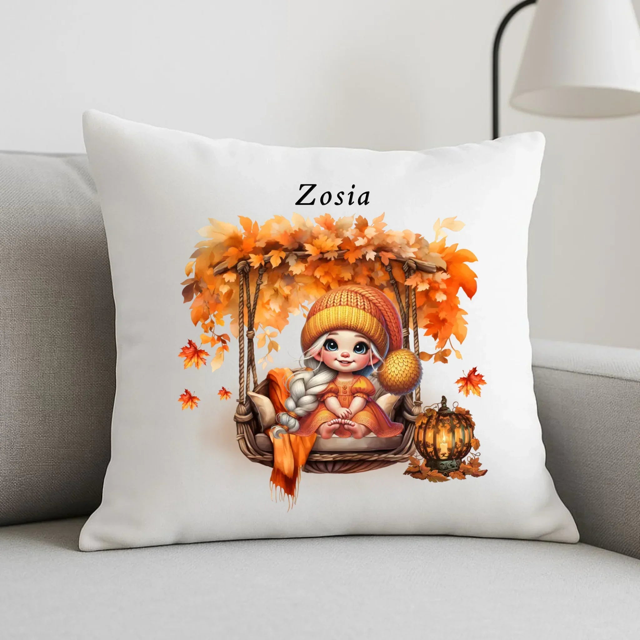 Poduszka jesieniara - Dziewczynka z liśćmi - personalizowana JS17 - StoryCups.pl