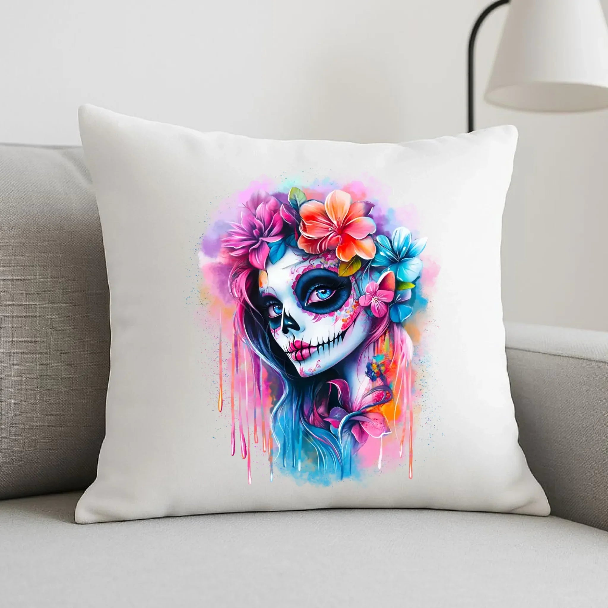 Poduszka Halloween - kolorowa czaszka z kwiatami La Muerte HL05 - StoryCups.pl