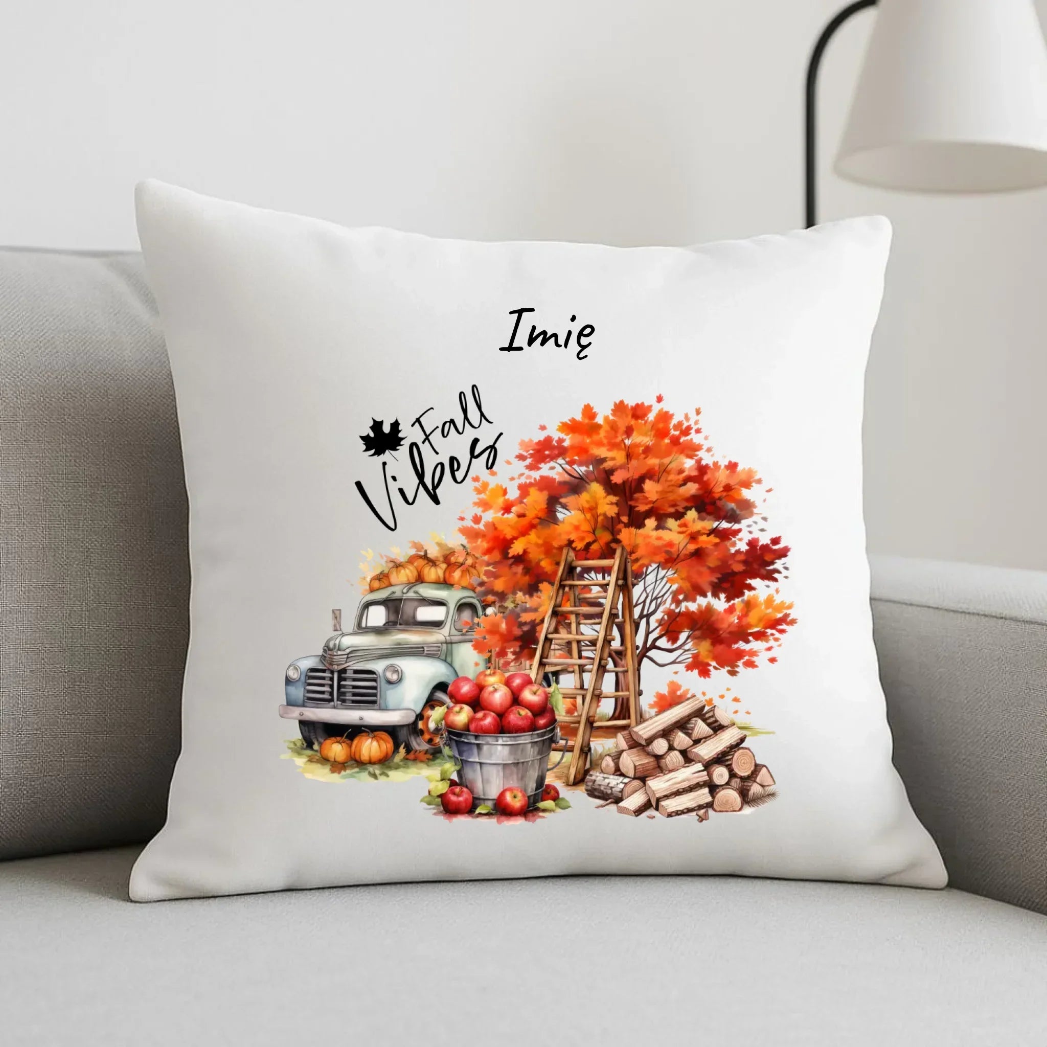 Poduszka jesienna – Vintage auto dynie i jabłka – personalizowana JS07 - StoryCups.pl