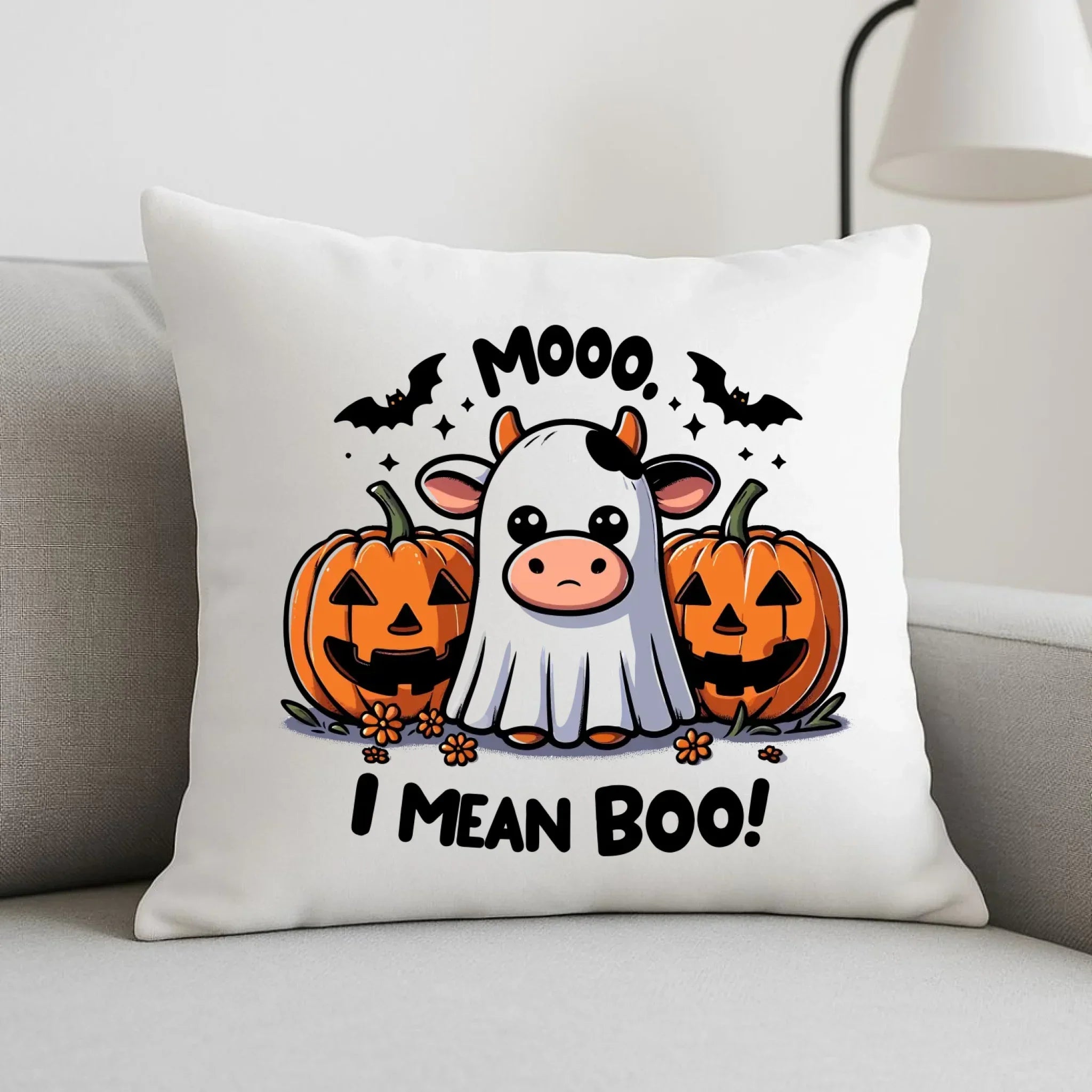 Poduszka na Halloween - Mooo I mean Boo! - z dynią i duchem HL14 - StoryCups.pl