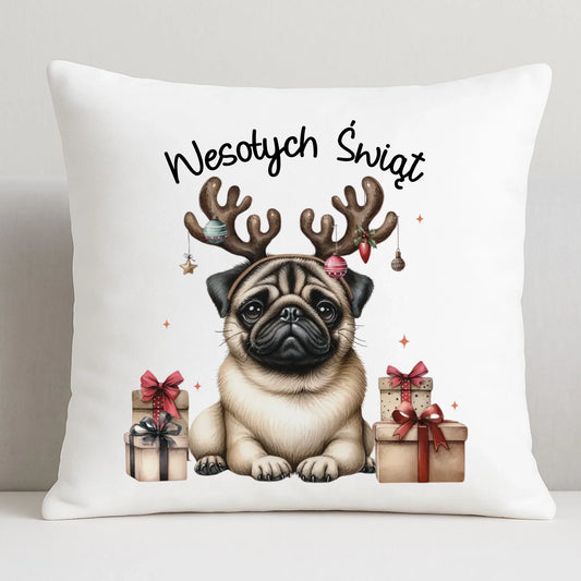 Mops Wesołych Świąt | Świąteczna poduszka BN91 - StoryCups.pl