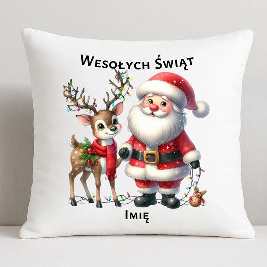 Mikołaj i renifer | Personalizowana świąteczna poduszka BN09 - StoryCups.pl