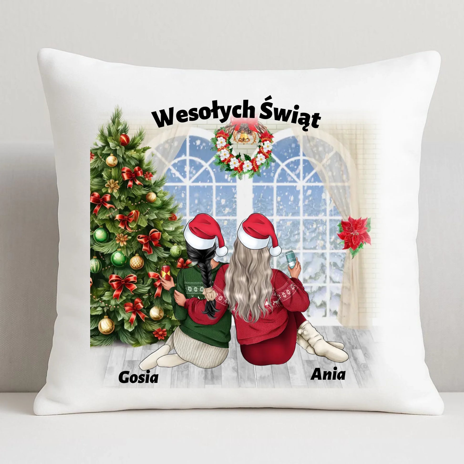 Prezent na Święta dla przyjaciółki 2-4 osoby | Personalizowana świąteczna poduszka P05 - StoryCups.pl