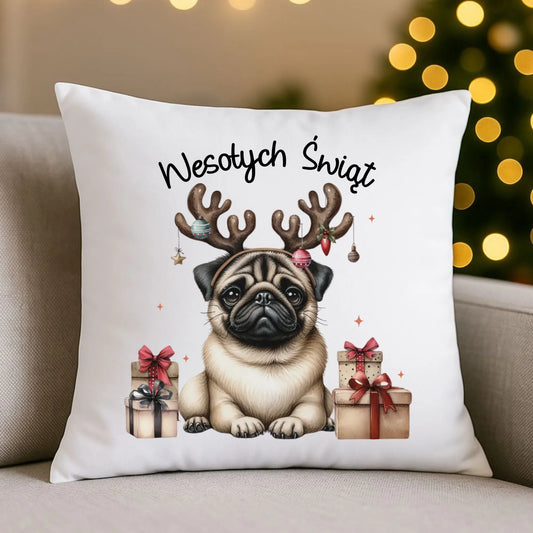 Mops Wesołych Świąt | Świąteczna poduszka BN91 - StoryCups.pl