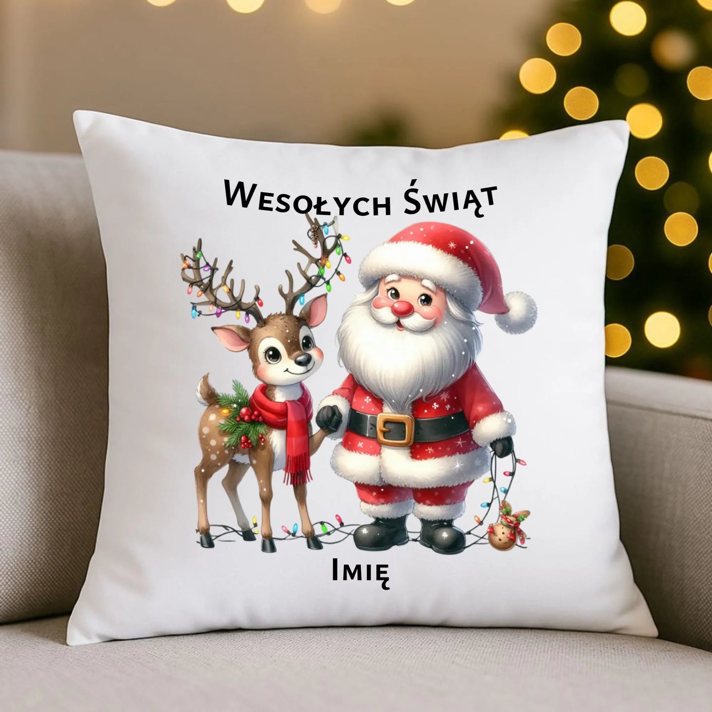 Mikołaj i renifer | Personalizowana świąteczna poduszka BN09 - StoryCups.pl
