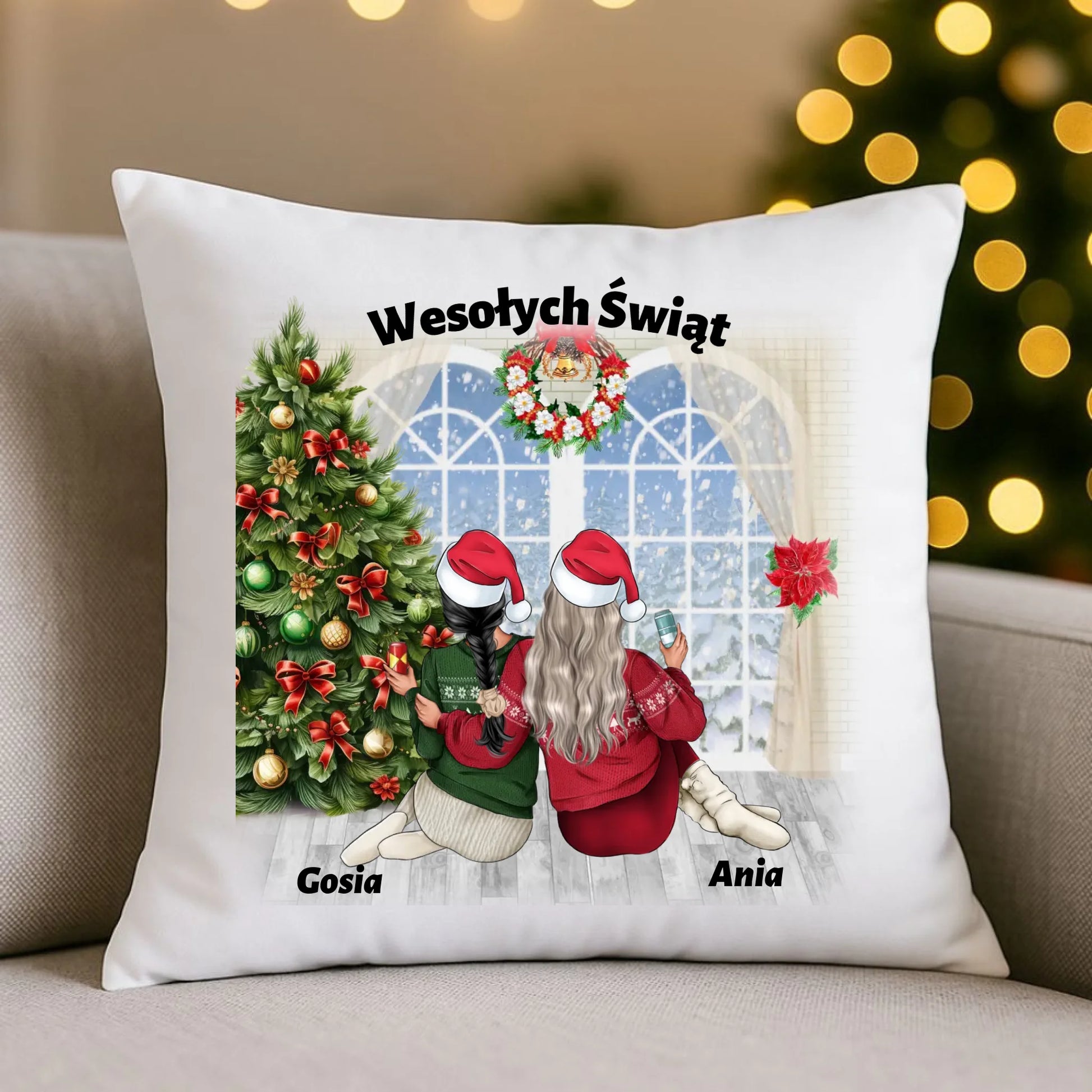 Prezent na Święta dla przyjaciółki 2-4 osoby | Personalizowana świąteczna poduszka P05 - StoryCups.pl