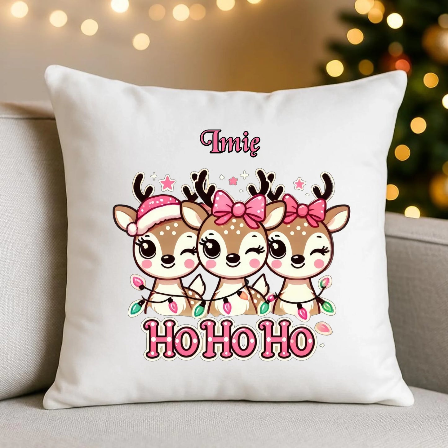 Ho ho ho reniferki | Świąteczna poduszka z imieniem BN49 - StoryCups.pl