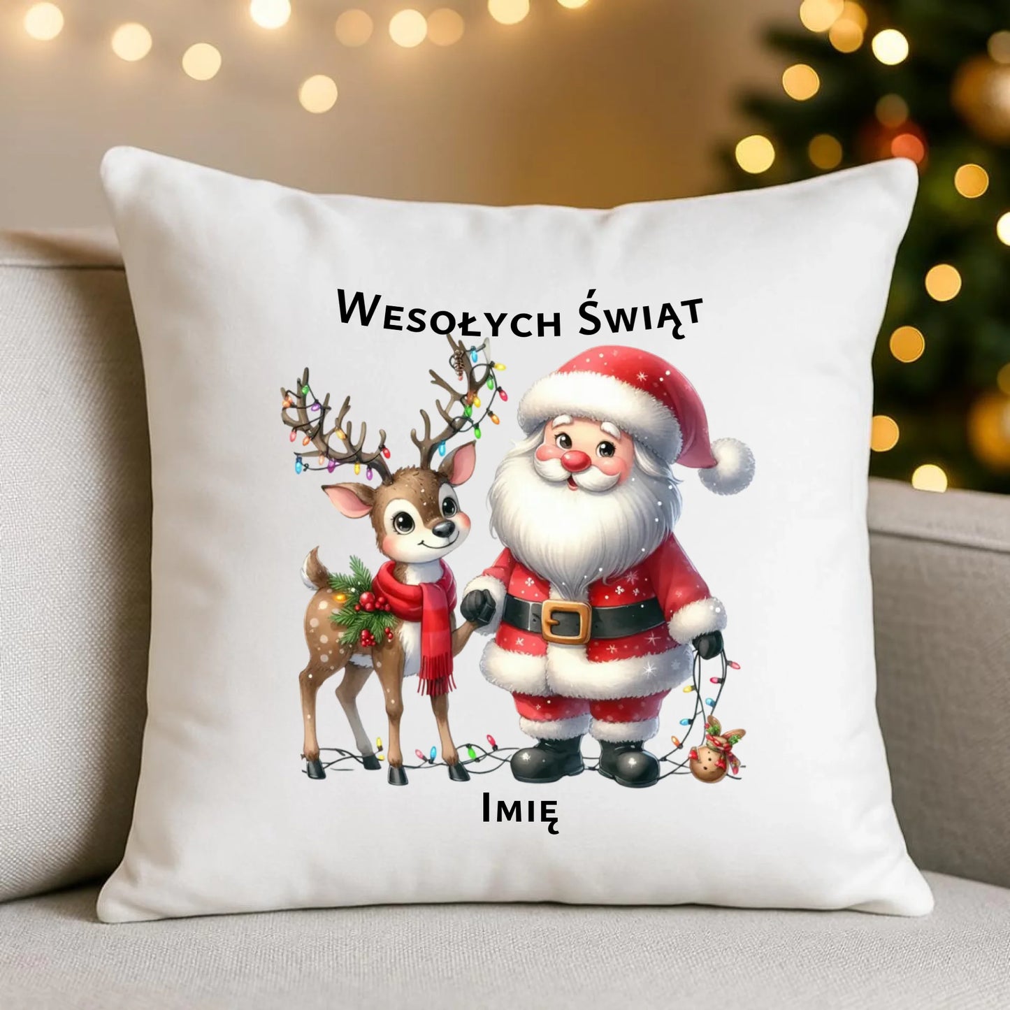 Mikołaj i renifer | Personalizowana świąteczna poduszka BN09 - StoryCups.pl