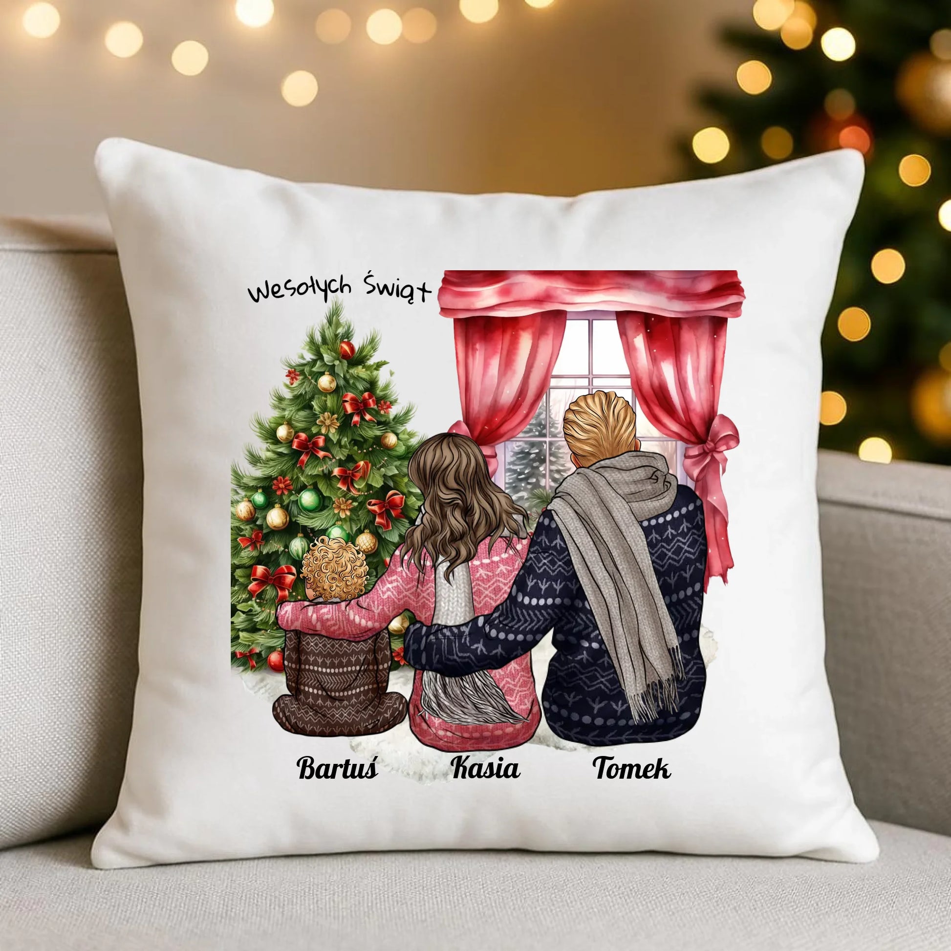 Świąteczna rodzina | Personalizowana poduszka świąteczna z rodziną R01 - StoryCups.pl