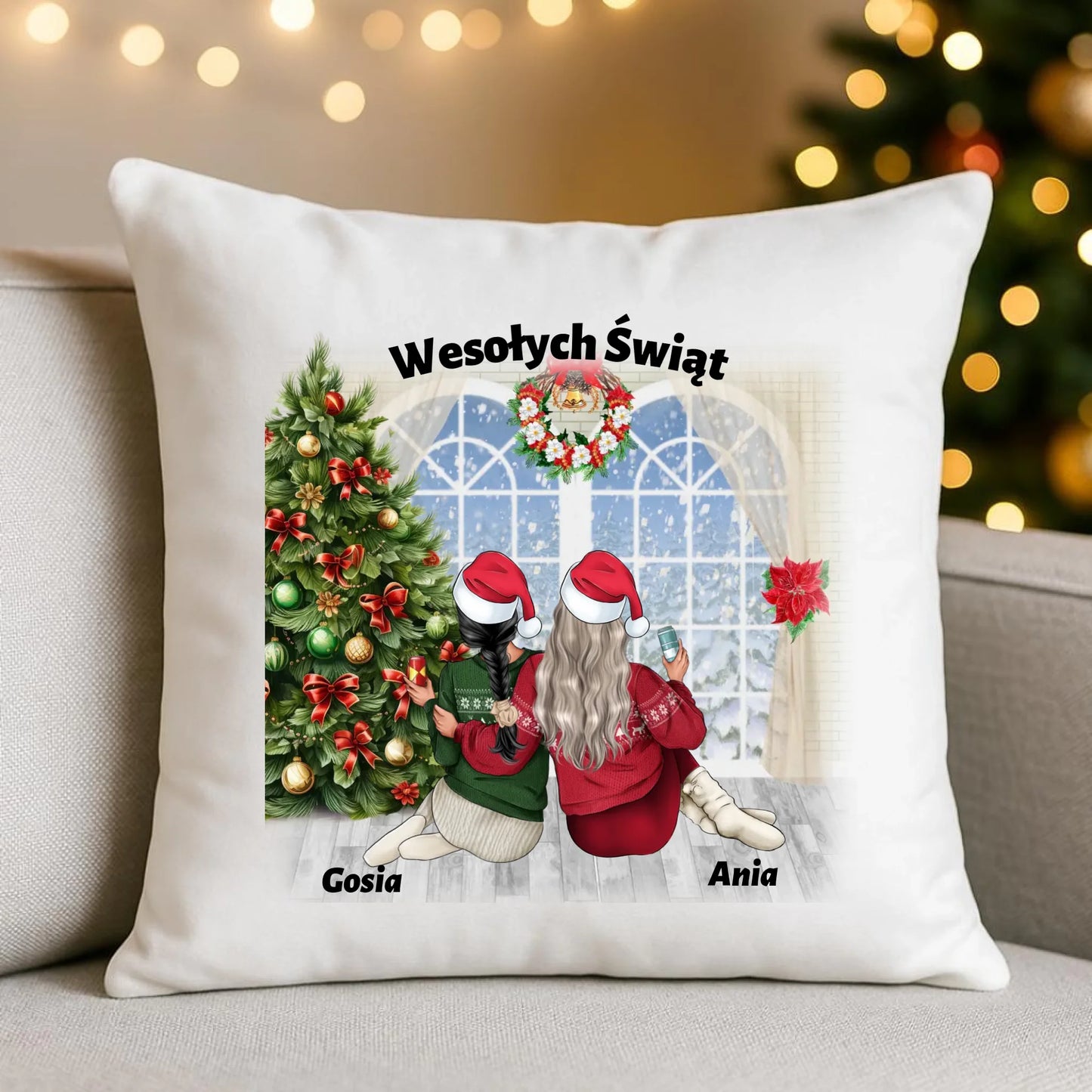 Prezent na Święta dla przyjaciółki 2-4 osoby | Personalizowana świąteczna poduszka P05 - StoryCups.pl