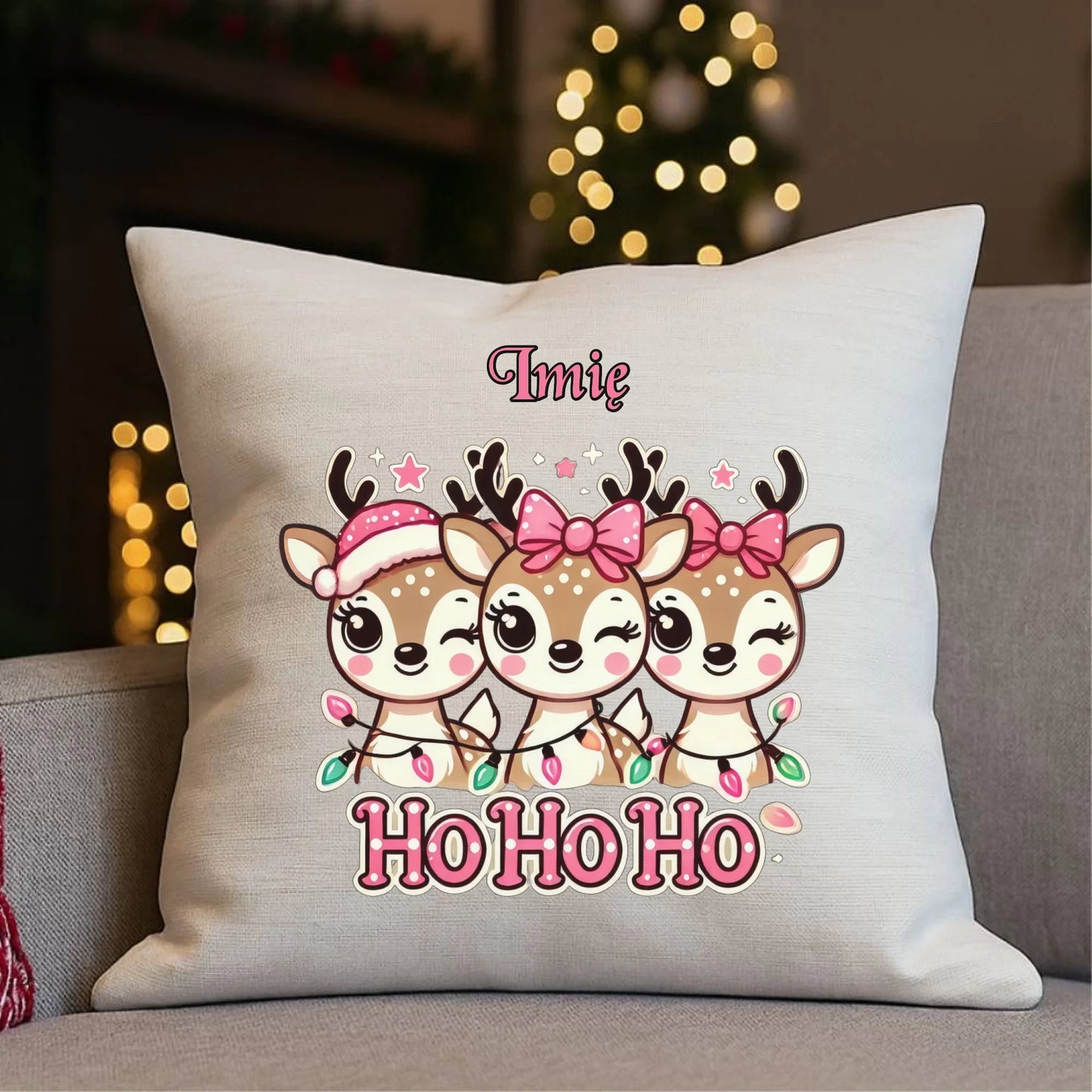 Ho ho ho reniferki | Świąteczna poduszka z imieniem BN49 - StoryCups.pl