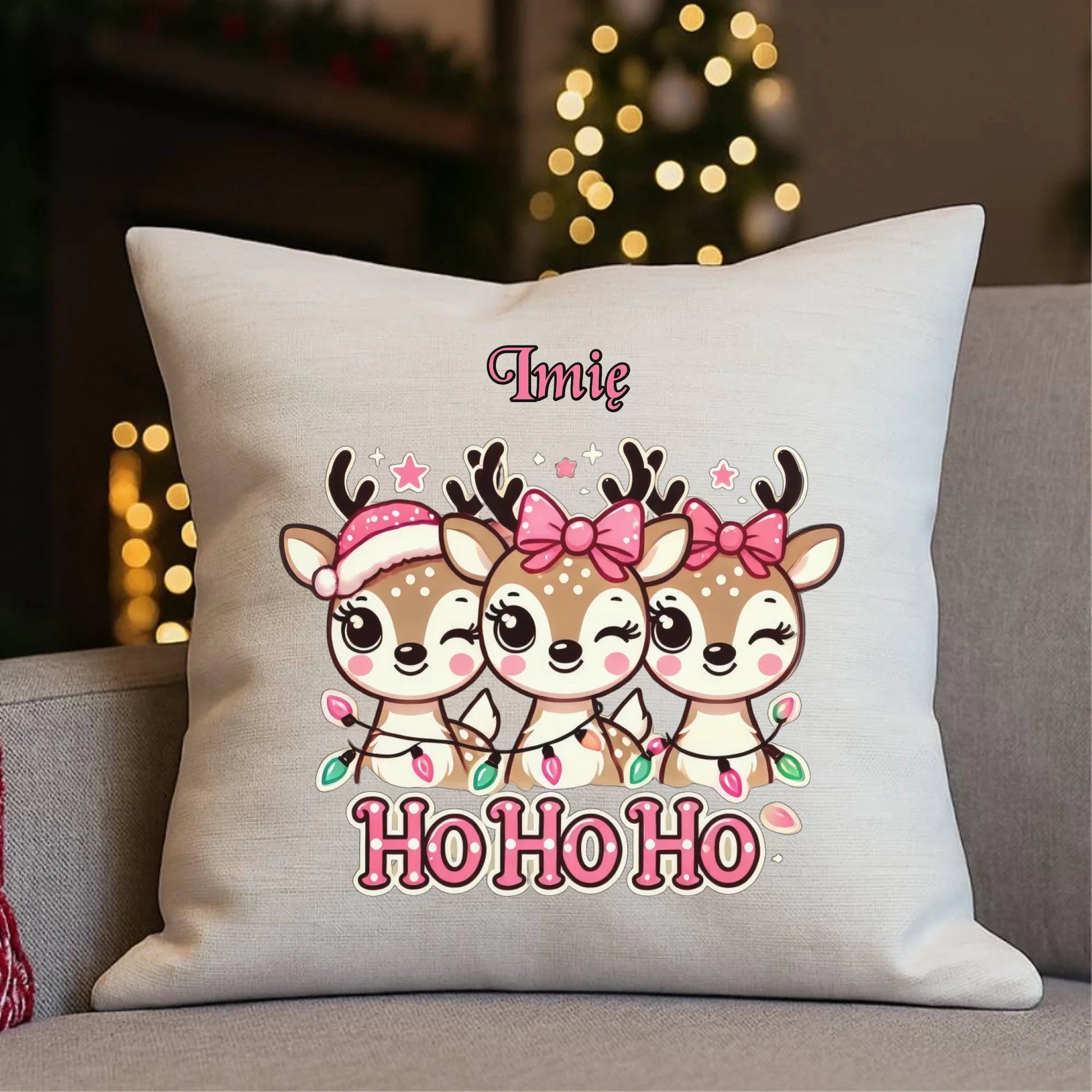 Ho ho ho reniferki | Świąteczna poduszka z imieniem BN49 - StoryCups.pl