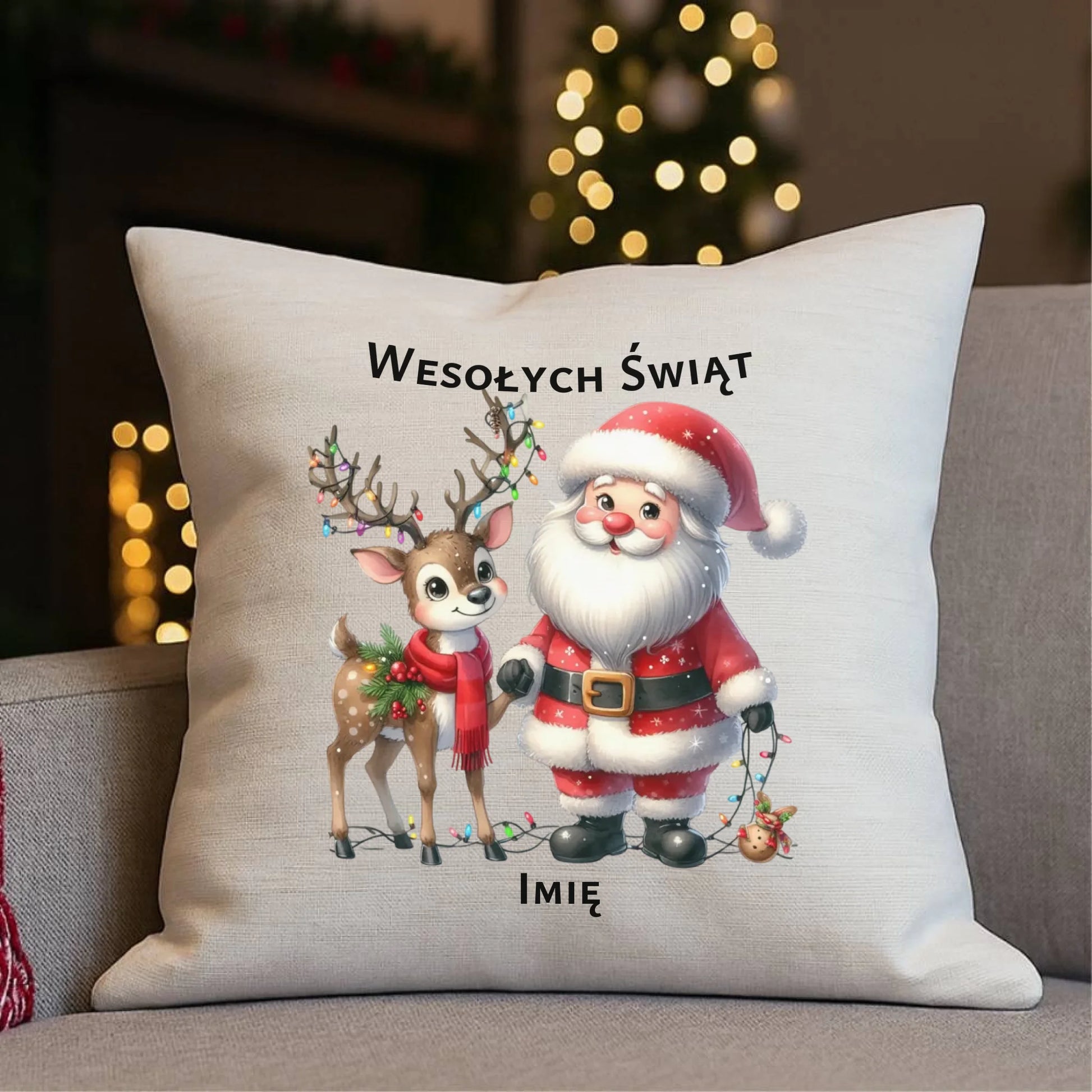 Mikołaj i renifer | Personalizowana świąteczna poduszka BN09 - StoryCups.pl