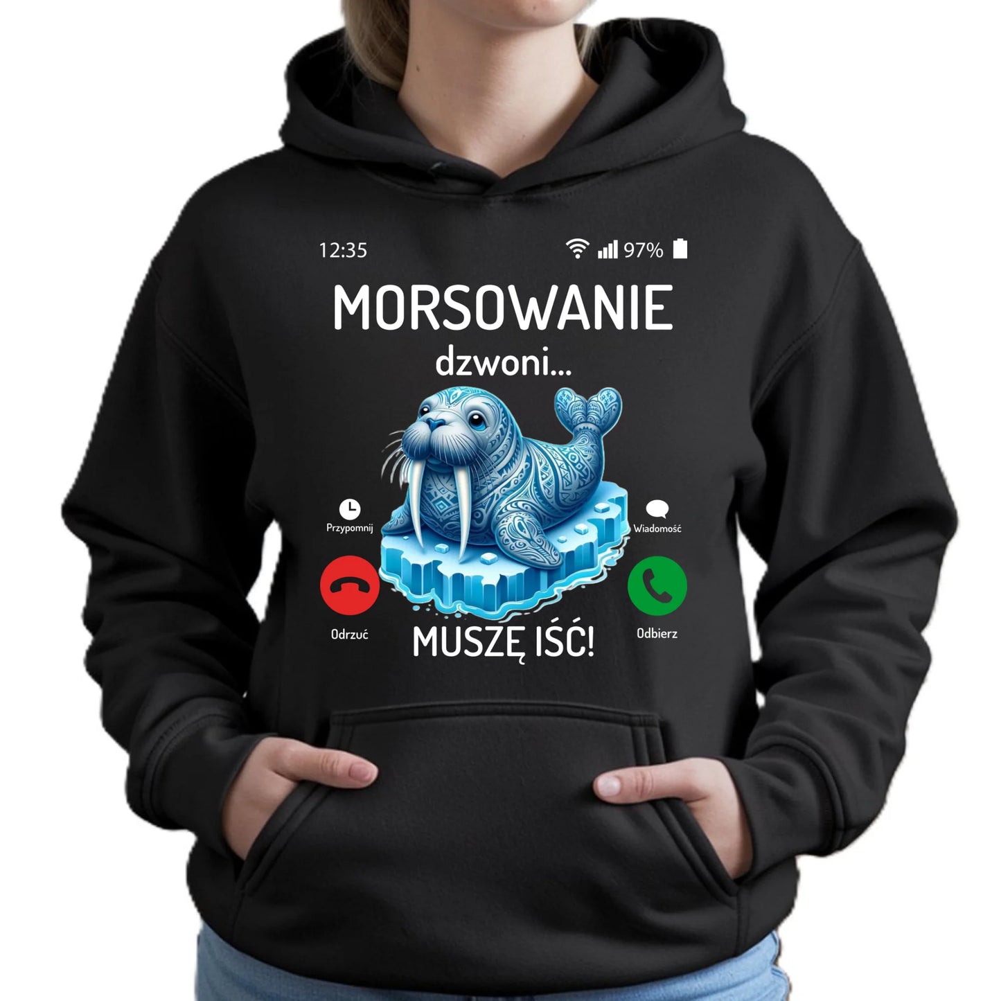 Bluza damska z kapturem - prezent dla morsa - Morsowanie dzwoni muszę iść - Mors HM04 - StoryCups.pl