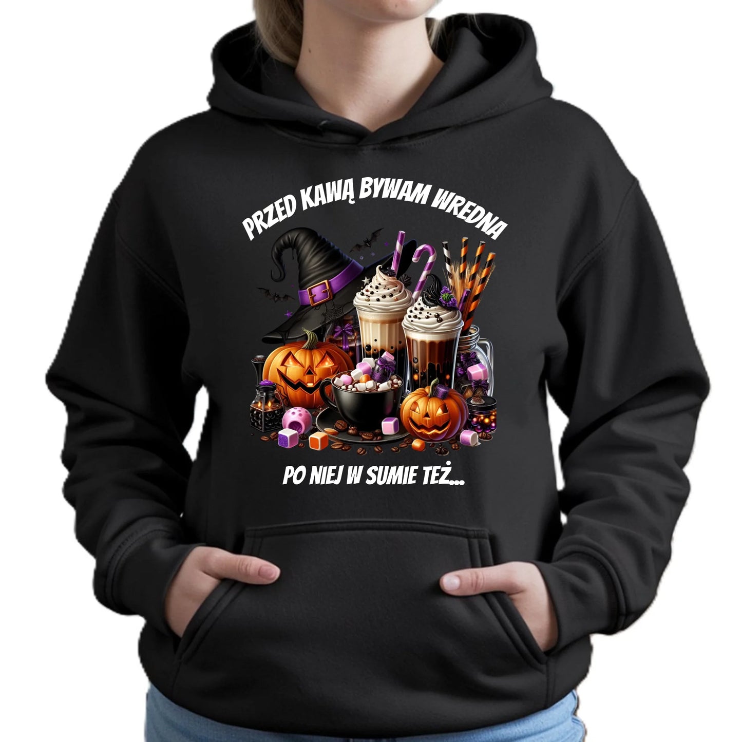 Bluza damska z kapturem Halloween – Przed kawą bywam wredna, po niej w sumie też HL30 - StoryCups.pl