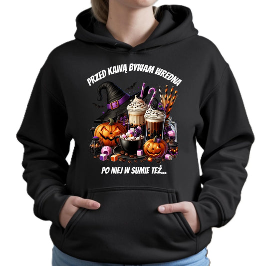 Bluza damska z kapturem Halloween – Przed kawą bywam wredna, po niej w sumie też HL30 - StoryCups.pl
