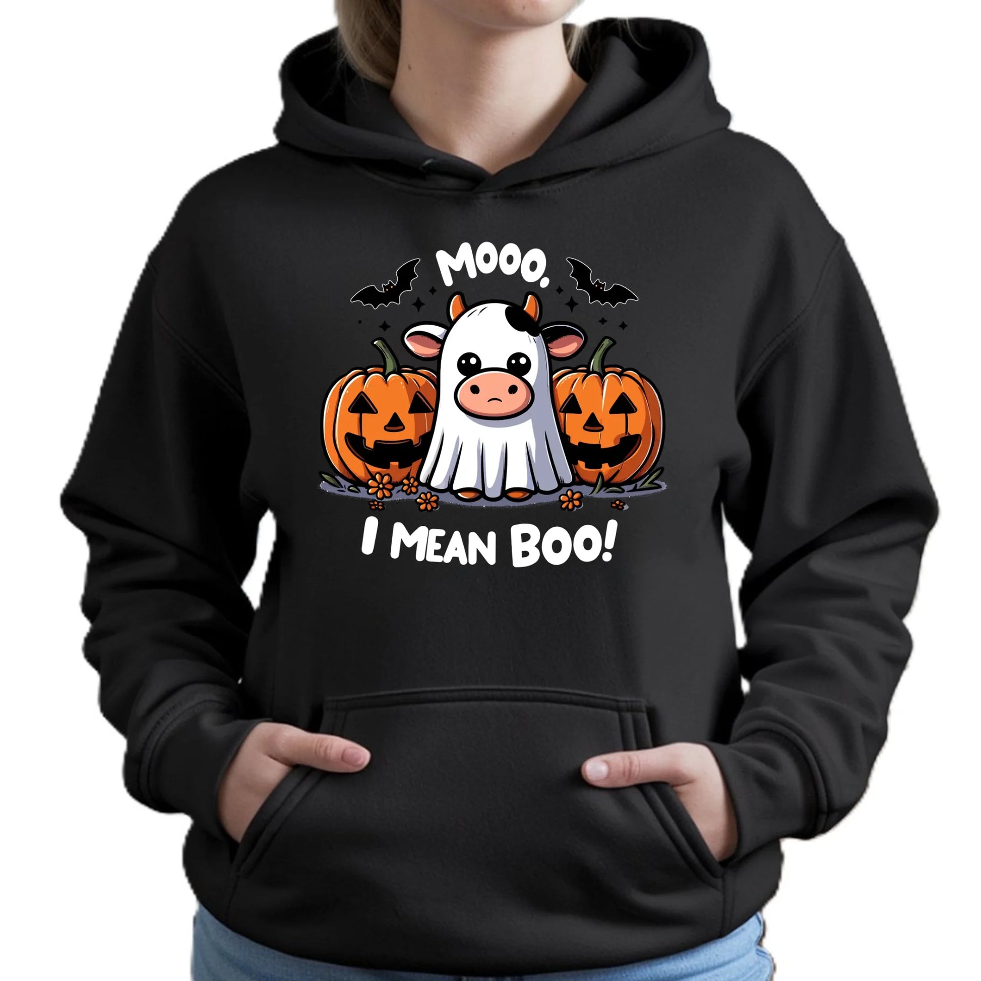 Bluza damska z kapturem na Halloween - Mooo I mean Boo! - z dynią i duchem HL14 - StoryCups.pl