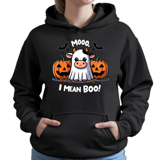 Bluza damska z kapturem na Halloween - Mooo I mean Boo! - z dynią i duchem HL14 - StoryCups.pl