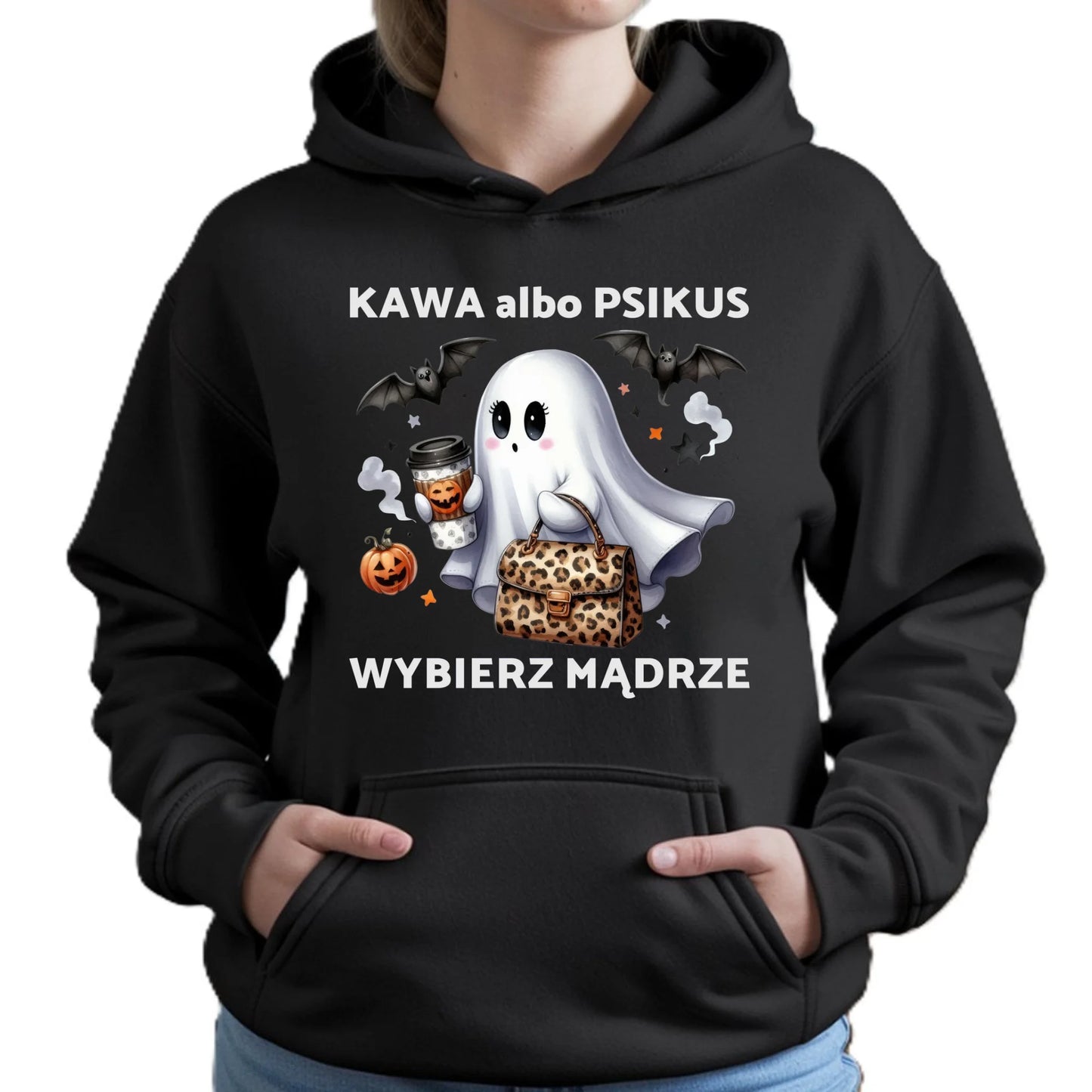 Bluza damska z kapturem halloweenowa - Duch - Kawa albo psikus HL07 - StoryCups.pl